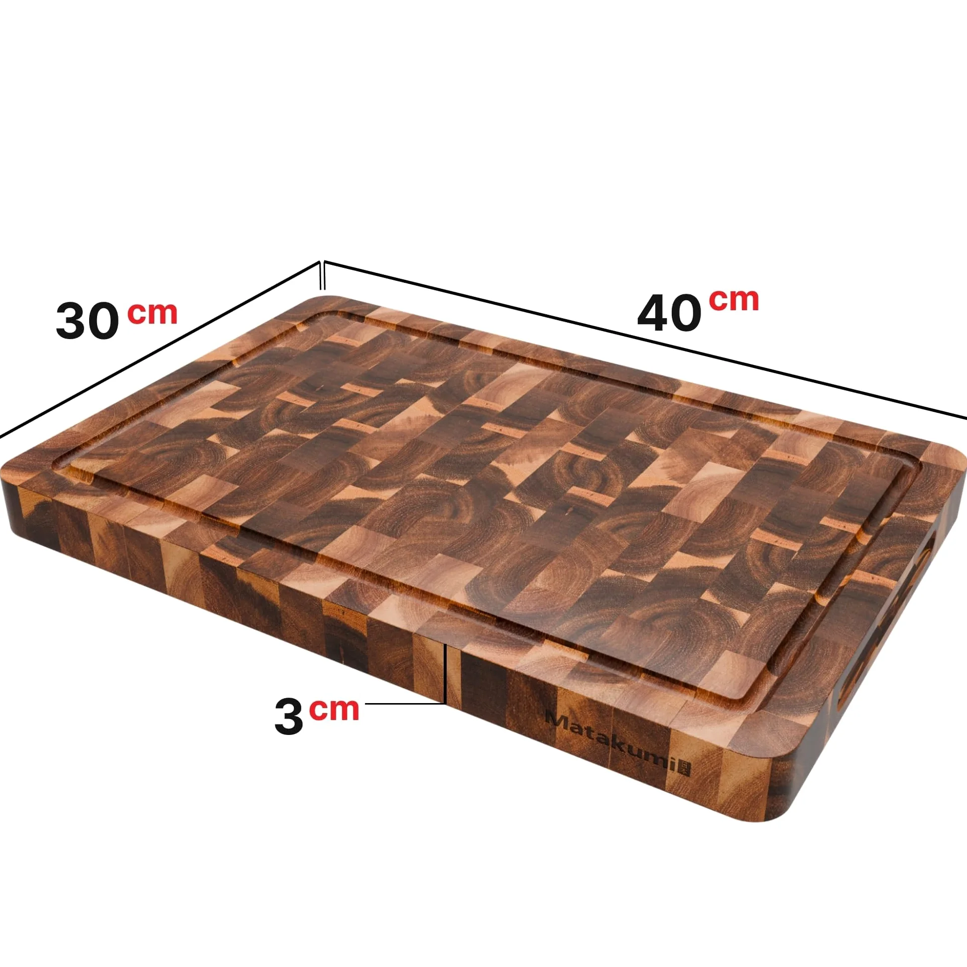 Matakumi Planche à Découper Bois - Planche de Cuisine en Bois d’Acacia avec Poignées Latérales, Rigole à Jus et Bois de Bout pour Préserver les Lames de Couteaux - Double Face (40 x 30 x 3 cm)