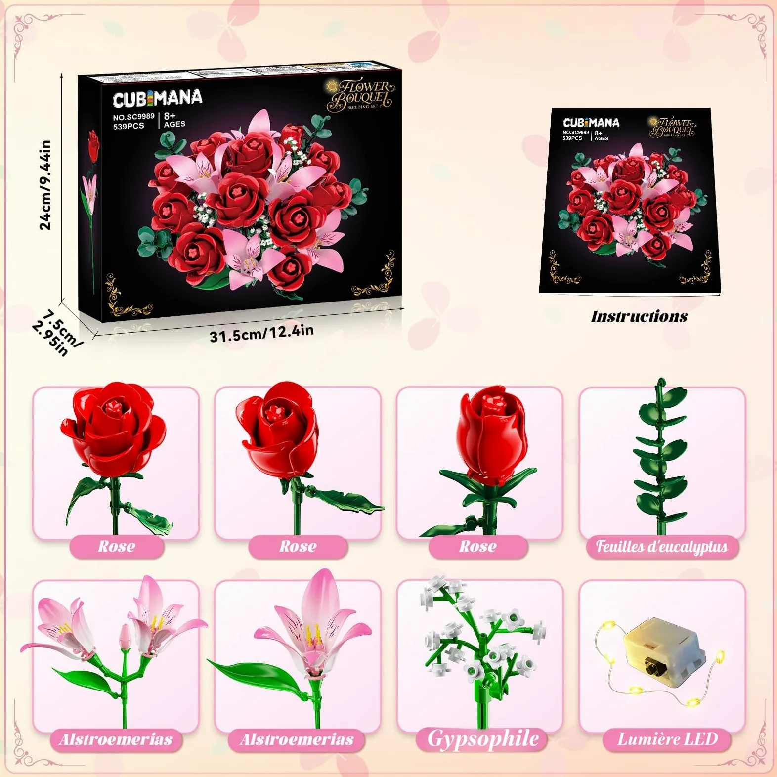 CUBIMANA Kit de Bouquet Fleurs avec LED - Roses Rouges et alstroemères Roses, Collection botanique 22 Fleurs artificielles, décoration Plante intérieure, Cadeau pour Femmes/Adultes