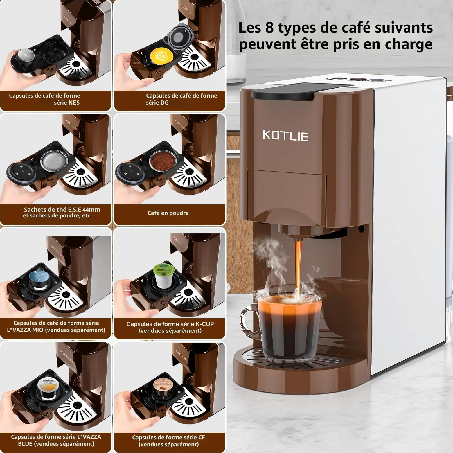 KOTLIE Machine à café 4 en 1 pour NES/DG/poudre de café/ESE (44 mm), 19 bar, 800 ml