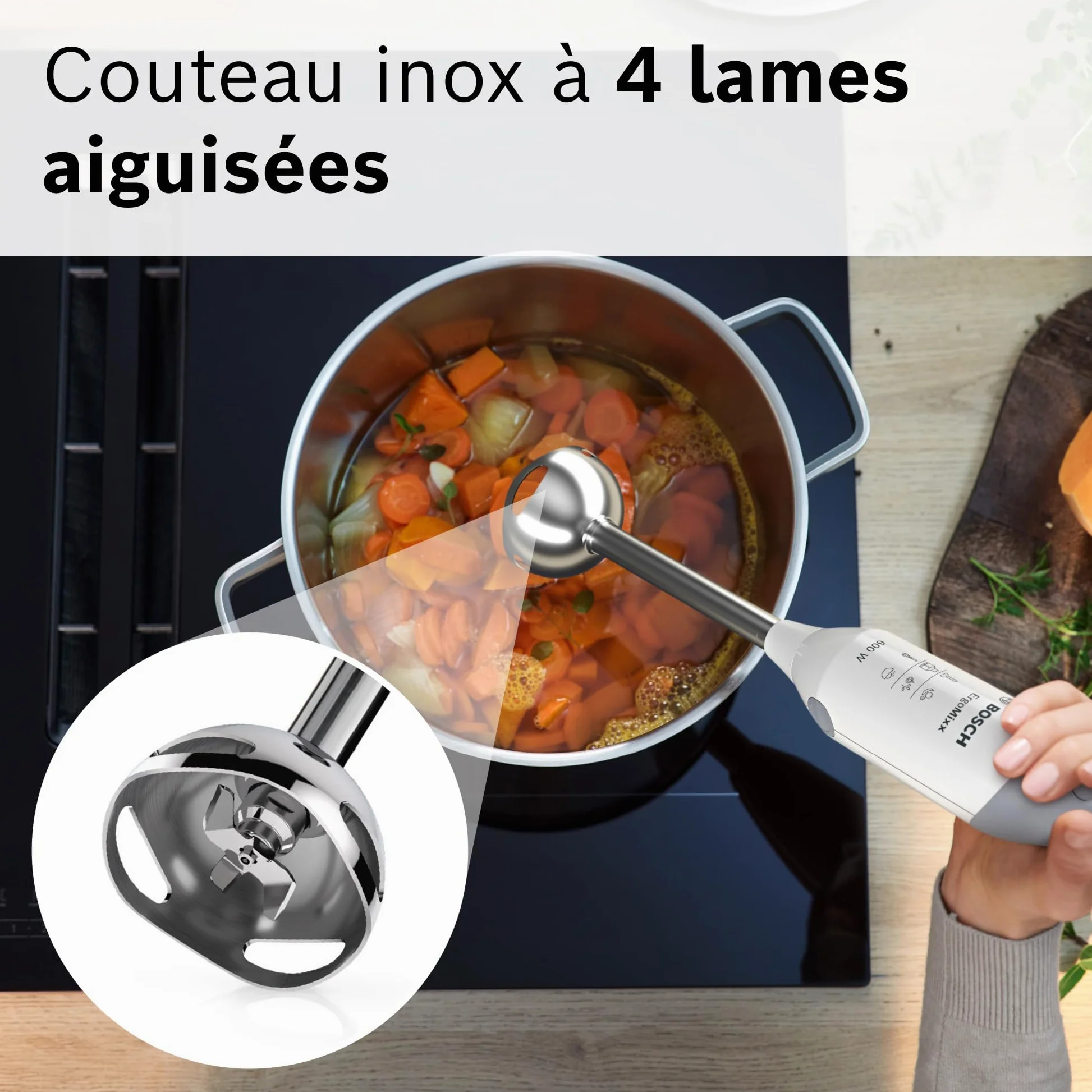 Bosch Mixeur plongeant ErgoMixx, moteur 600 W, 2 vitesses, gobelet doseur, blanc/gris, MSM66110