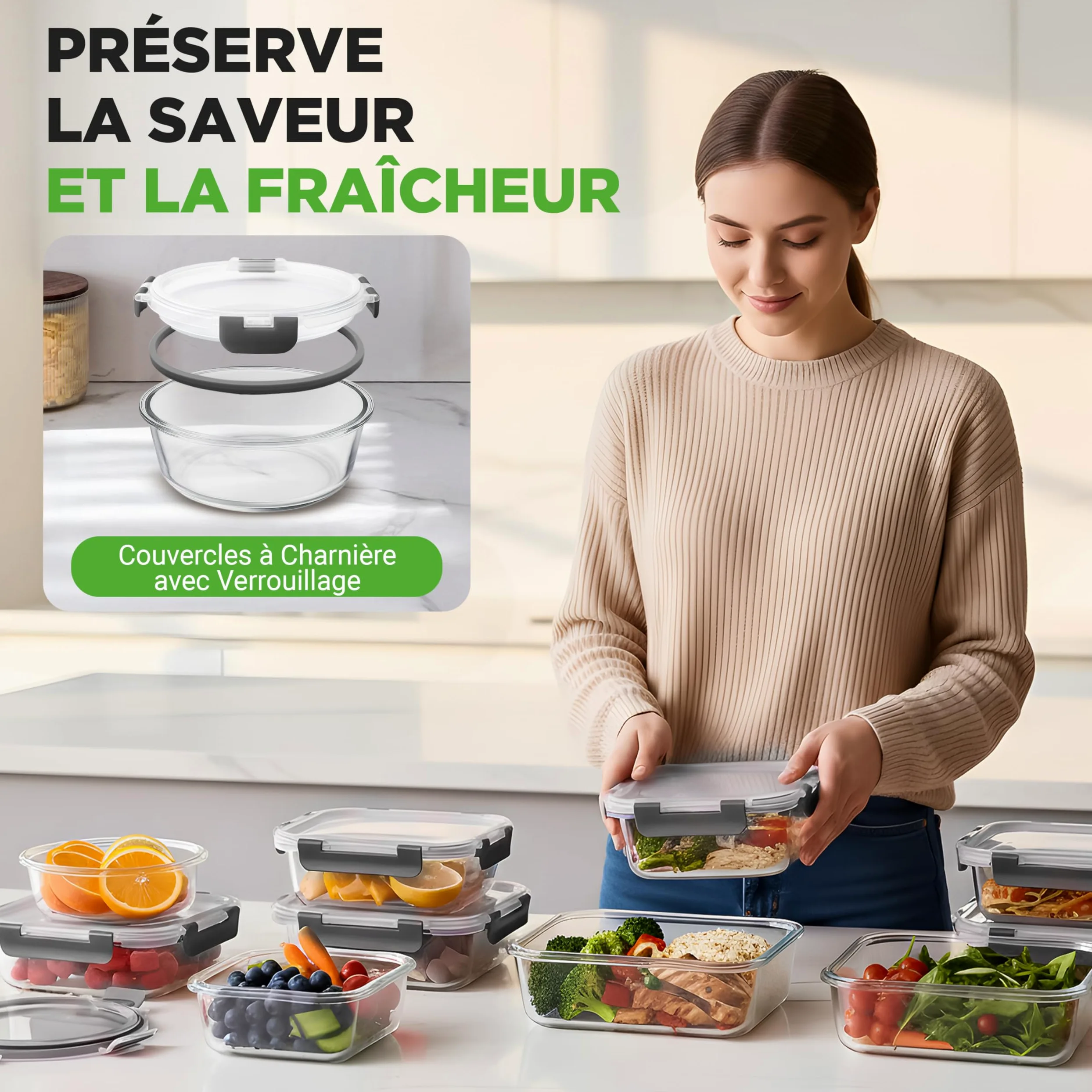 Nutrichef Ensemble de 12 Bocaux en Verre avec Couvercles Hermétiques – Récipients Empilables pour Meal Prep – Boîtes de Rangement Alimentaire en Verre avec Couvercle