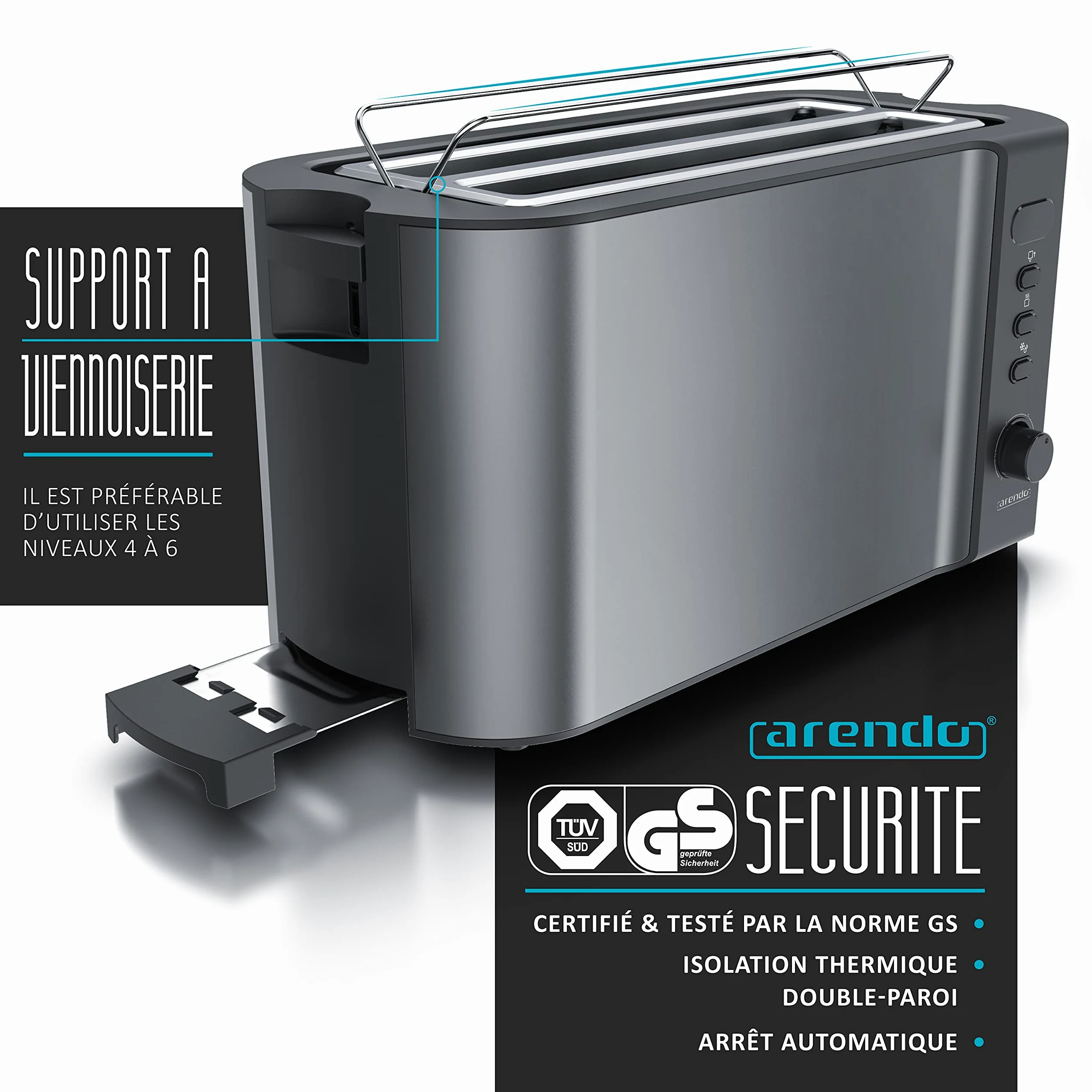 arendo - Grille Pain 2 Larges Fentes 4 tranches écran Digital - Grille-Pain Automatique 3en1-1500W - 6 Niveaux réglable décongélation réchauffe viennoiseries Plateau à miettes -Toaster Cool Grey