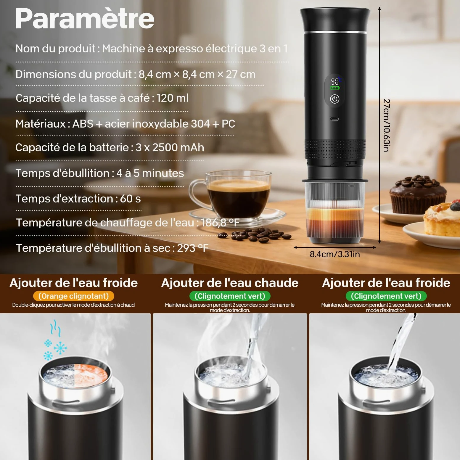 VHV Cafetière Portable 3 en 1,Rechargeable Cafetière Portable de Voyage,12V Expresso Machine a Cafe pour Capsule,Café Moulu,pour Camping,Bureau,Voyage, Maison, Voiture (Noir)