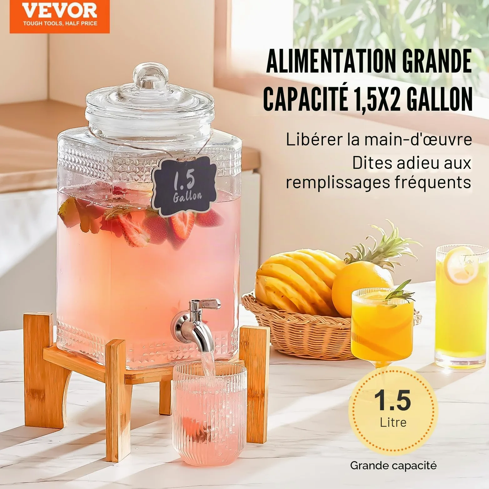VEVOR Distributeur de Boissons de 5,5 L, Fontaine à Eau en Verre Alimentaire avec Support, Robinet en Acier Inoxydable, Distribution de Jus Limonade Thé Glacé, pour Restaurants, Hôtels, Cafés, Soirées