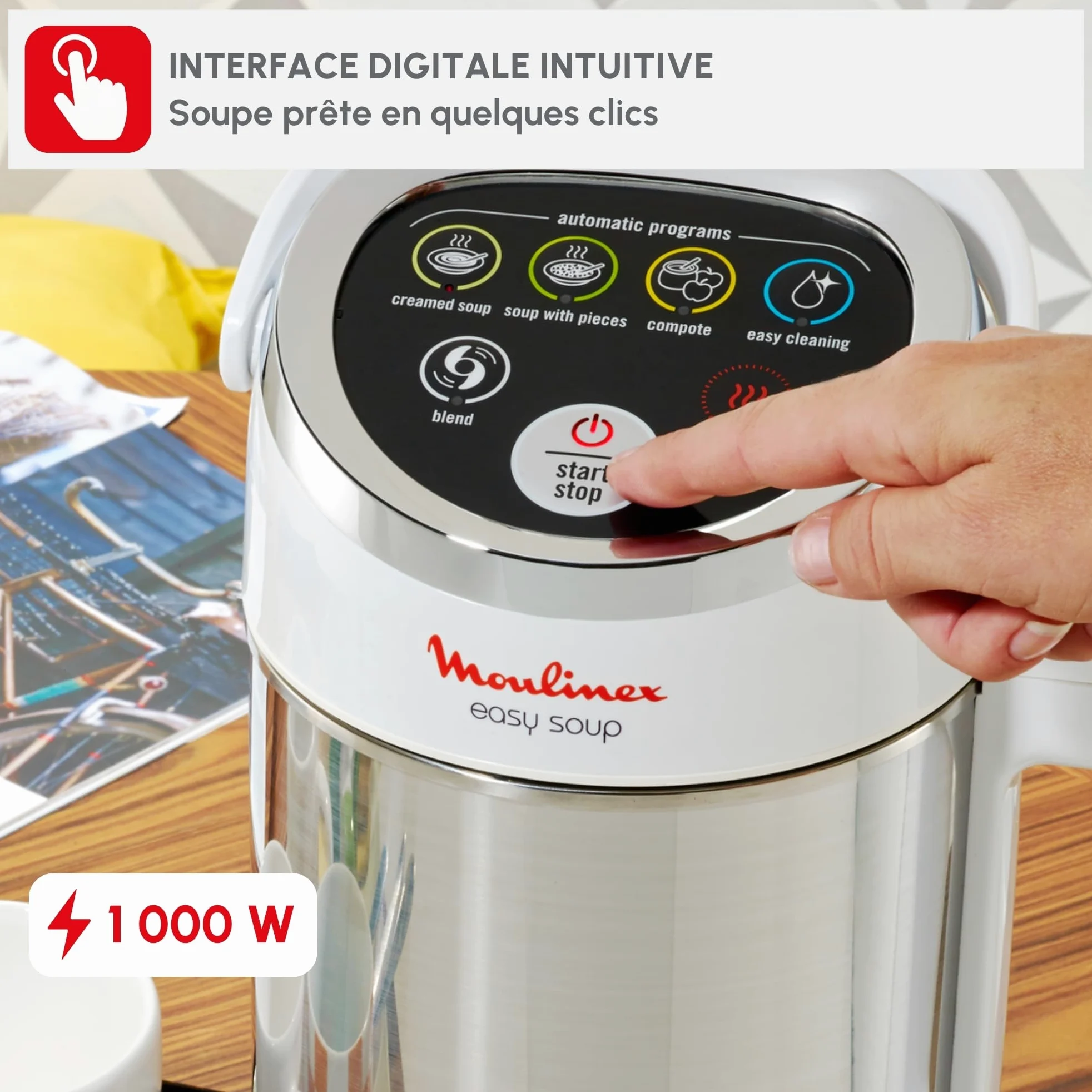 Moulinex Blender chauffant, 1000 W, Capacité 1.2 L, 5 programmes automatiques, Double paroi, Soupe, Velouté, Compote, Smoothie, Maintien au Chaud, Easy Soup silver LM841110
