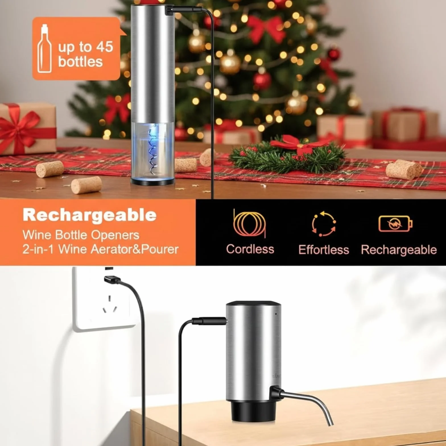 Tire-Bouchon Électrique Rechargeable 4 en 1, Coffret Cadeau avec Ouvre Bouteille & Aérateur de Vin Automatique, Bouchon à Vide et Coupe-Capsule, Idée Cadeau pour Noël et Anniversaire