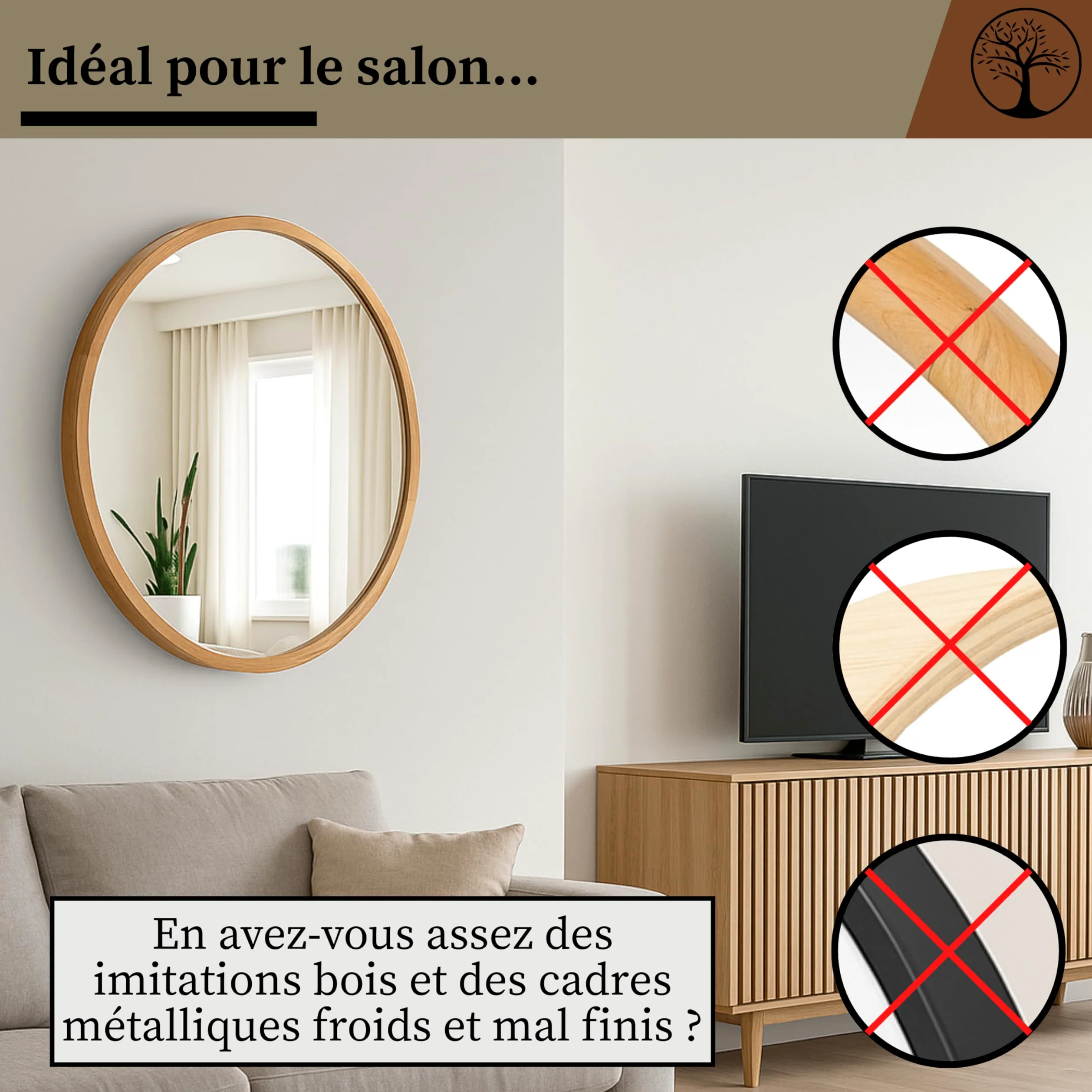 LEJA – Miroir Mural Rond, Cadre en Bois (∅80 cm), chêne – pour Salle de Bain, entrée, Salon, Chambre
