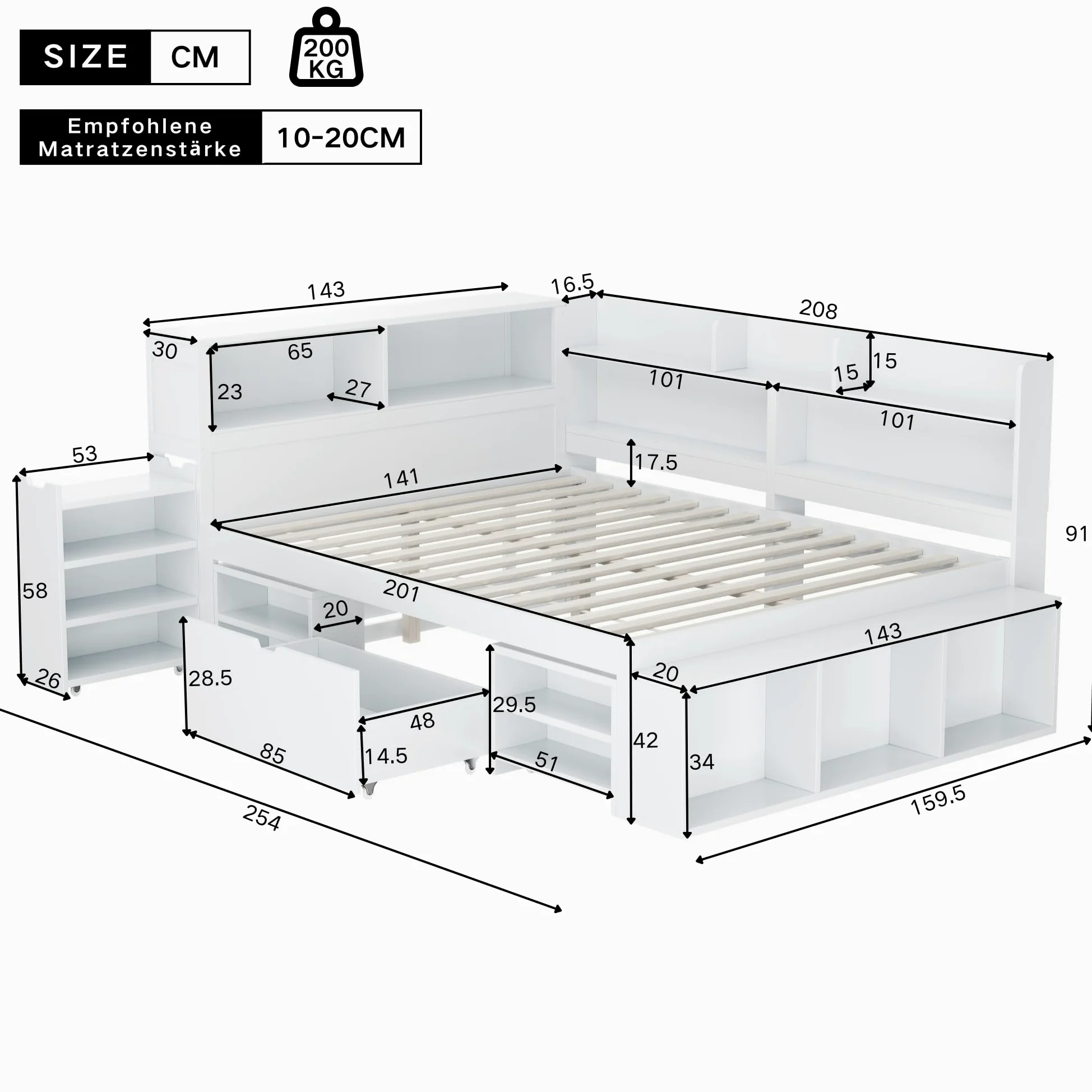 Lit Enfant 140x200 cm avec Rangement, Cadre de Lit Enfant Multifonctionnel avec Tiroirs, Bibliothèque Intégrée et Casier de Rangement, Structure en Métal avec Sommier à Lattes, Blanc