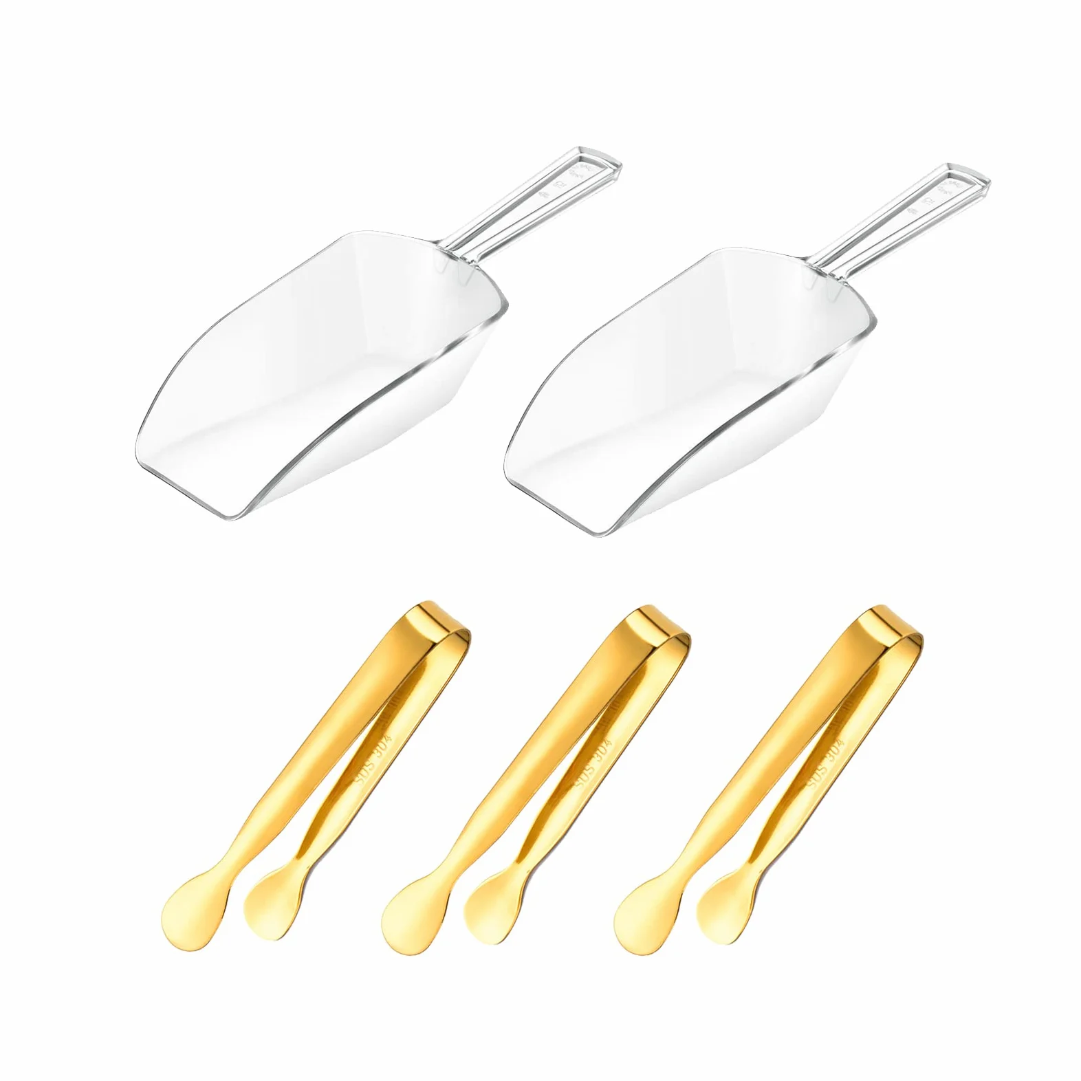 Lot de 3 pinces à glace dorées et cuillères à mesurer en plastique pour seau à café glacé et 2 cuillères pour bar, mariage, fête d'anniversaire