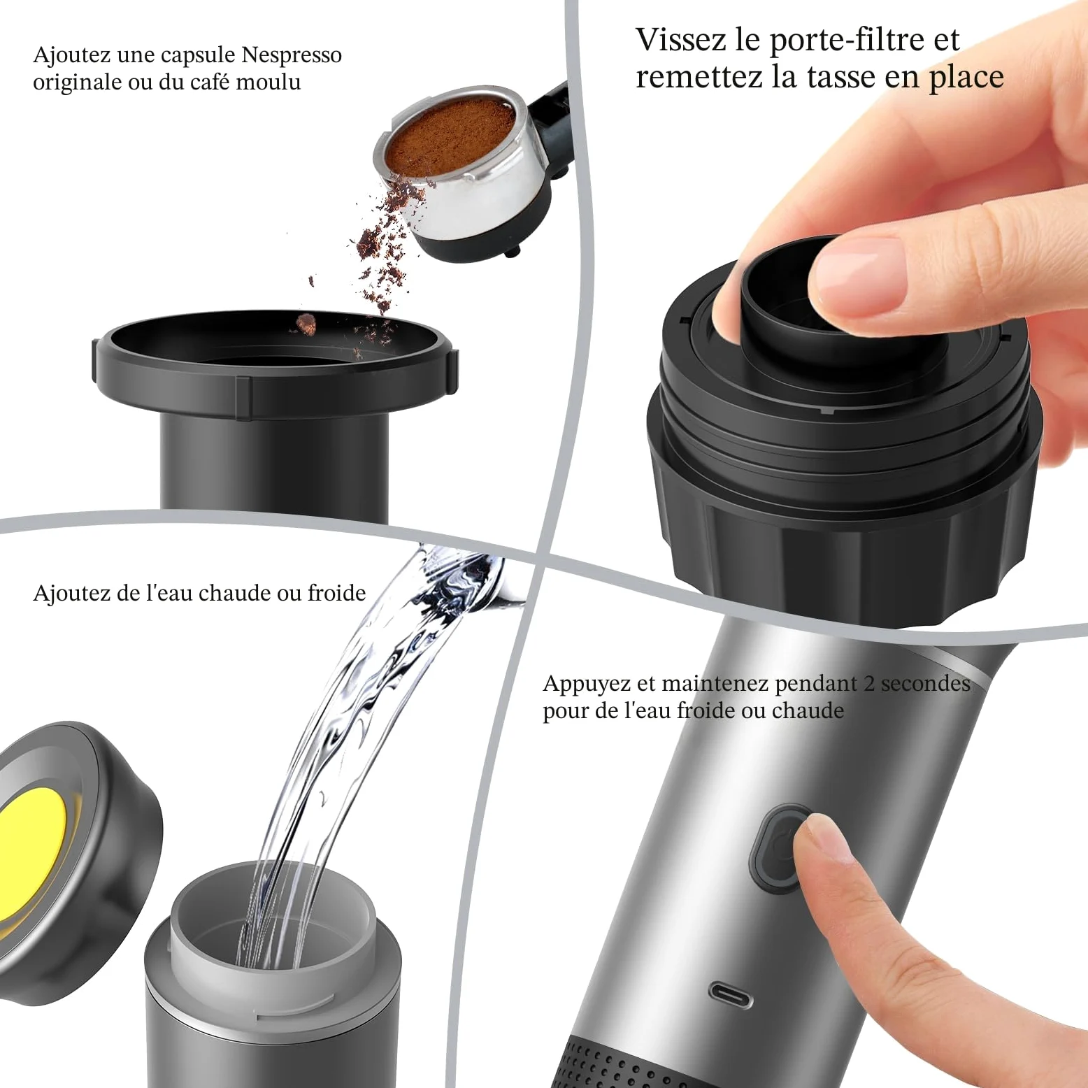 Vunzo Machine à expresso électrique, portable, auto-chauffante, avec USB-C, à capsule, mini machine à café de voyage, machine à café de camping
