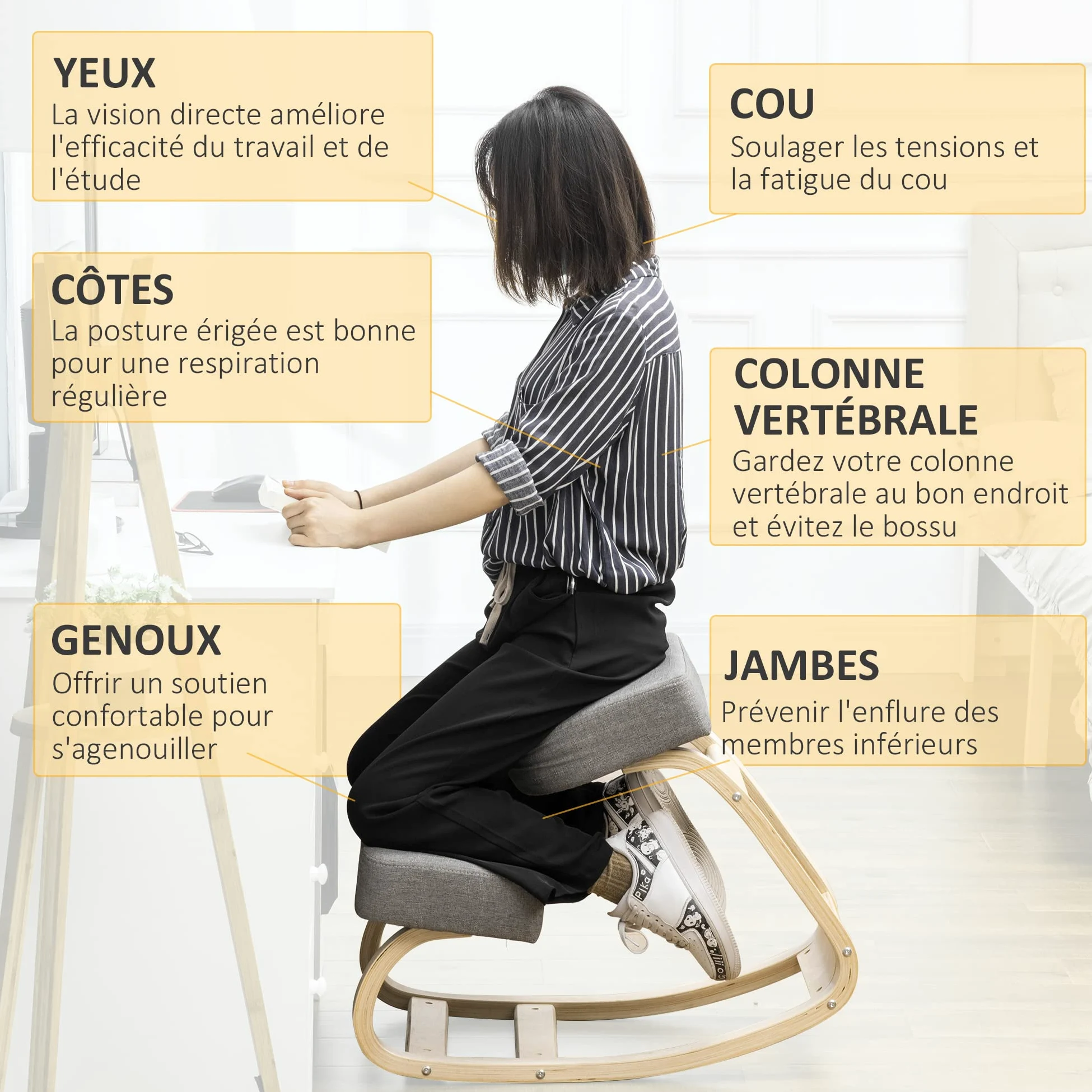 Vinsetto Siège Assis-Genoux Ergonomique Chaise à Genoux Coussin Confortable à Bascule en Tissu et Bois Gris