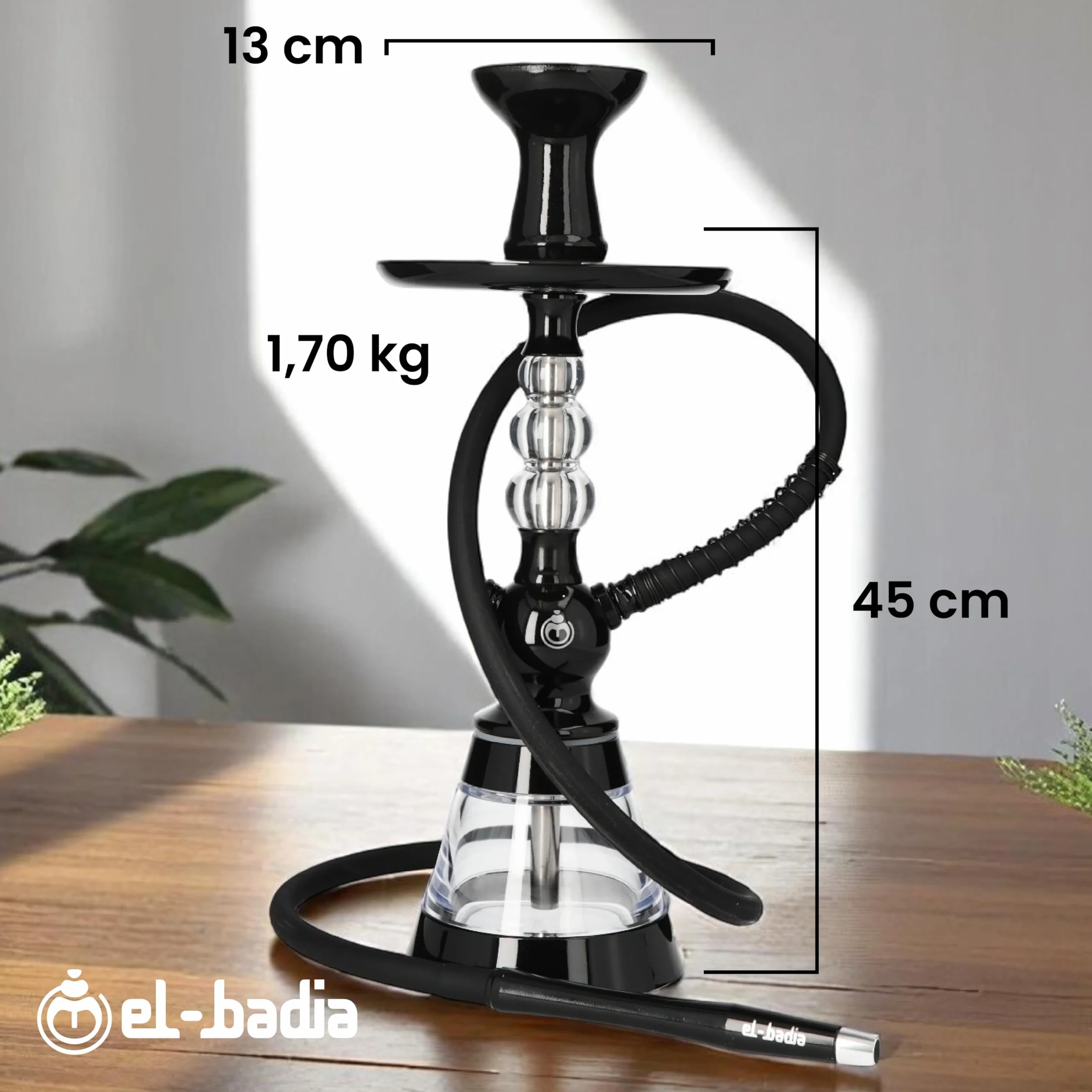 Chicha EL-BADIA® CELESTE – 45 cm – Chicha Légère avec Vase Acrylique, Tuyau Silicone, Manche Métal & Foyer Phunnel – Design Iconique et Couleurs Tendance (Deep Black)