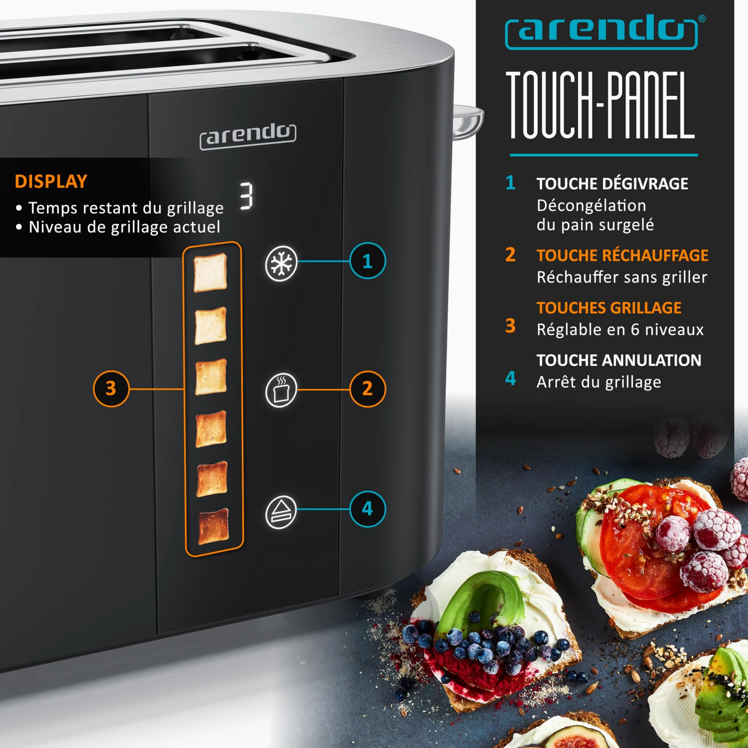 Arendo - Grille-pain Fentes longues Tranches Toaster Arendo Affichage couleur des niveaux de brunissage, Écran avec minuterie, Commandes tactiles, Réchauffe-Viennoiseries Niveaux de brunissage 1 à 6