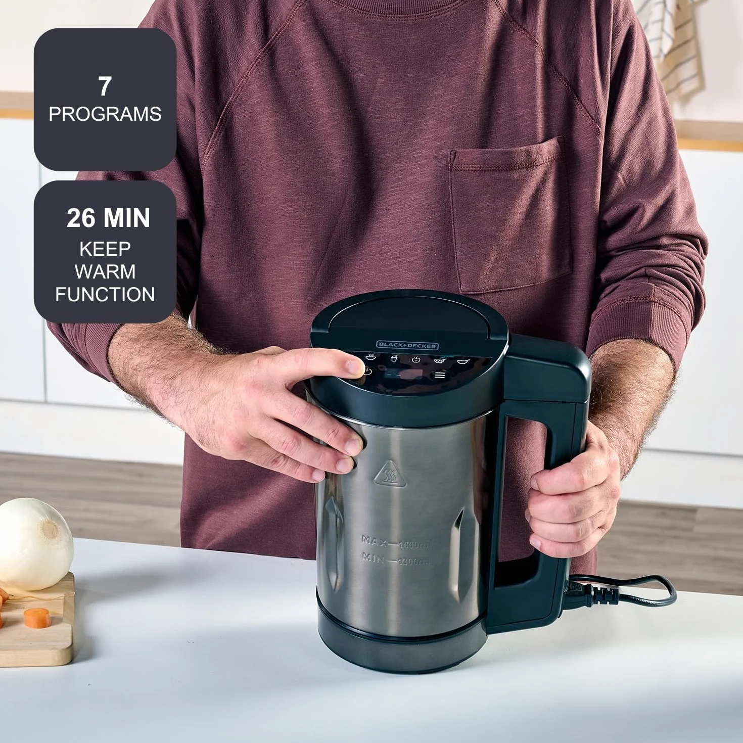 BLACK+DECKER BXSM1000E - Soup Maker 1040W | Carafe Inox 1,6L | 7 Programmes Automatiques | Smoothies, Compotes & Soupes | Fonction Maintien au Chaud | Écran Digital | Matériaux Sans BPA