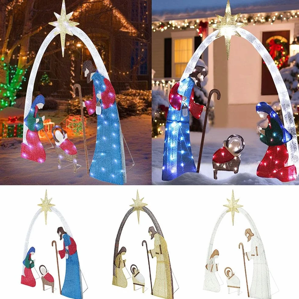Crèche de Noël Lumineuse d'Extérieur 1,5 m, Décoration pour Cour Familiale, Ensemble Sainte Famille avec Piquets pour Pelouse