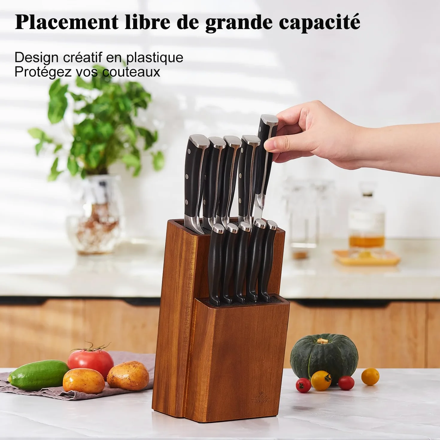 ENOKING Bloc Couteaux Cuisine, Porte Couteaux de Cuisine en Bois d'acacia, Range Couteaux de Cuisine avec poils en plastique Amovibles, Universel Support Couteau de Cuisine