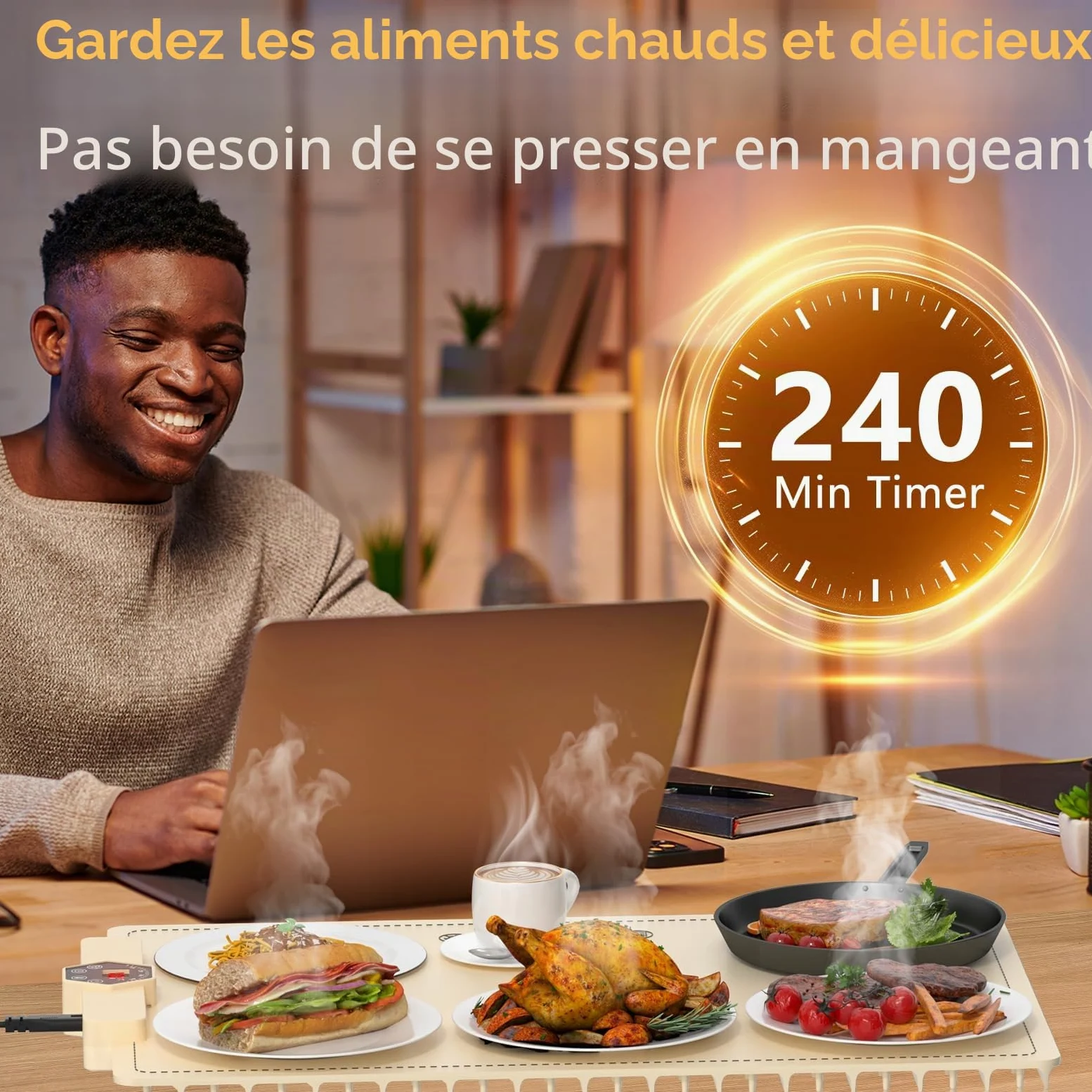 INNOWARMER Chauffe Plat Électrique, Plaque Chauffante Électrique Silicone Pliable Flexible, Plaque Chauffante avec 5 Température Réglable et Minuteur, Chauffe Plat pour Buffet Fête Familiale (Blanc)