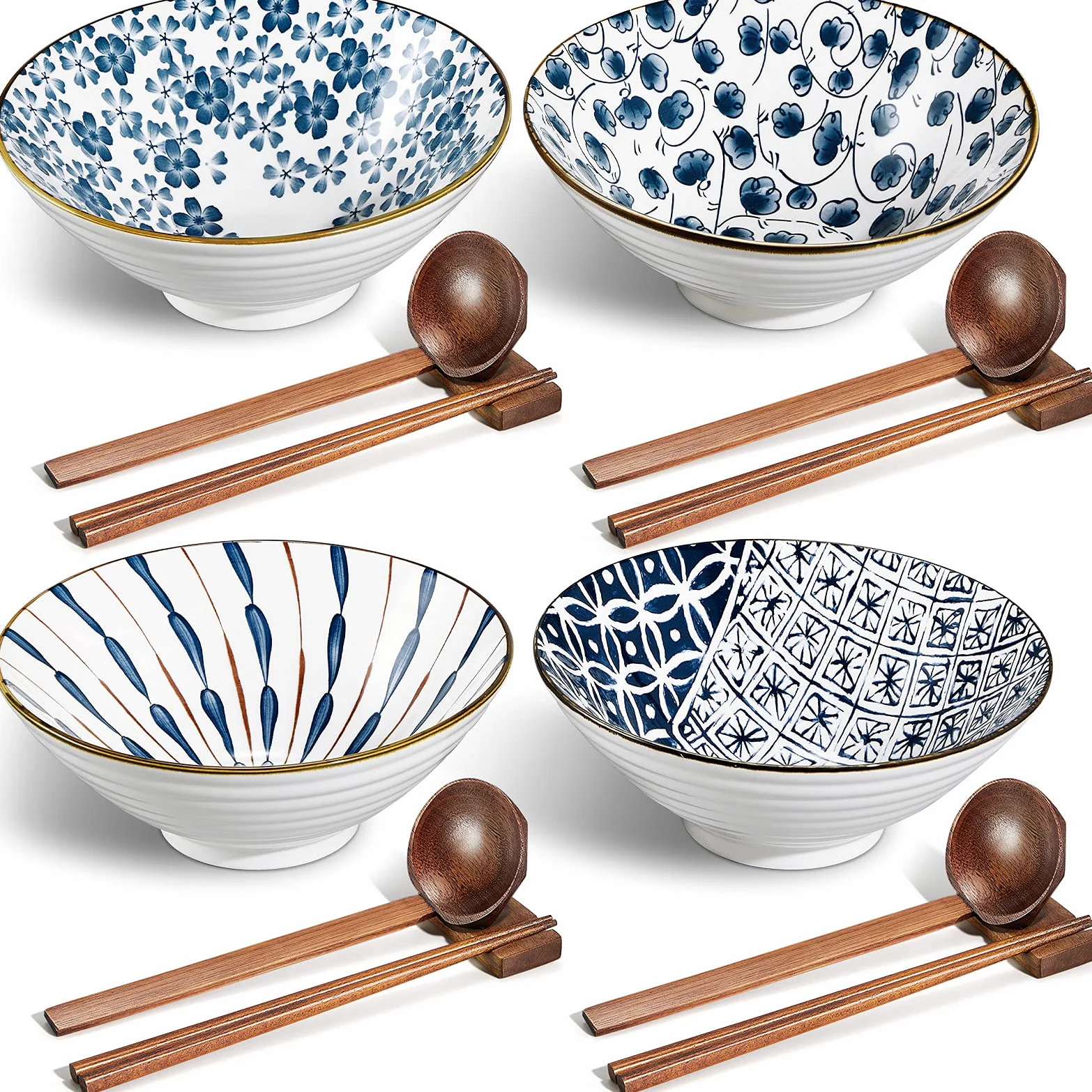 Geiserailie Lot de 4 grands bols japonais en céramique avec cuillères, baguettes et baguettes pour Udon, Soba, Pho, nouilles, ramen, salade et soupe (style classique)