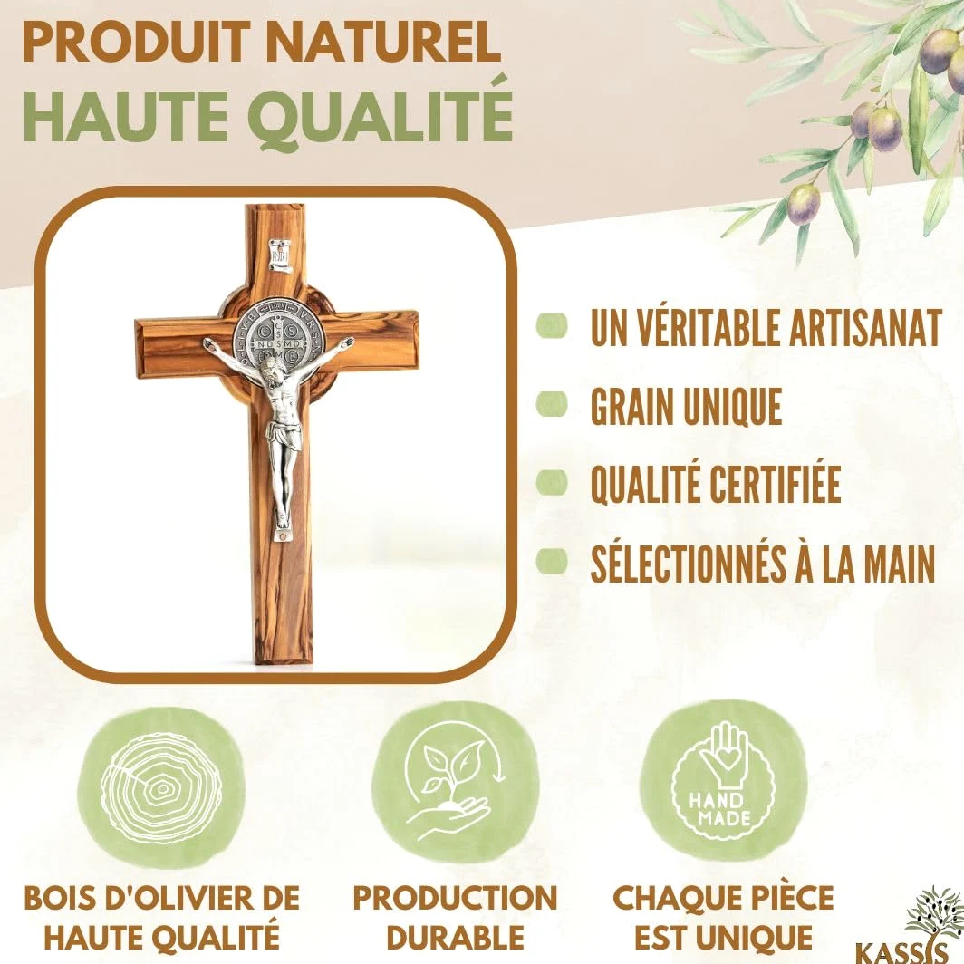 Kassis Geschenkartikel Croix de Saint Benoît en bois d'olivier – Croix murale chrétienne faite main à Bethléem pour baptême et communion – 20 x 12,5 cm (sans gravure), Saint Benoît