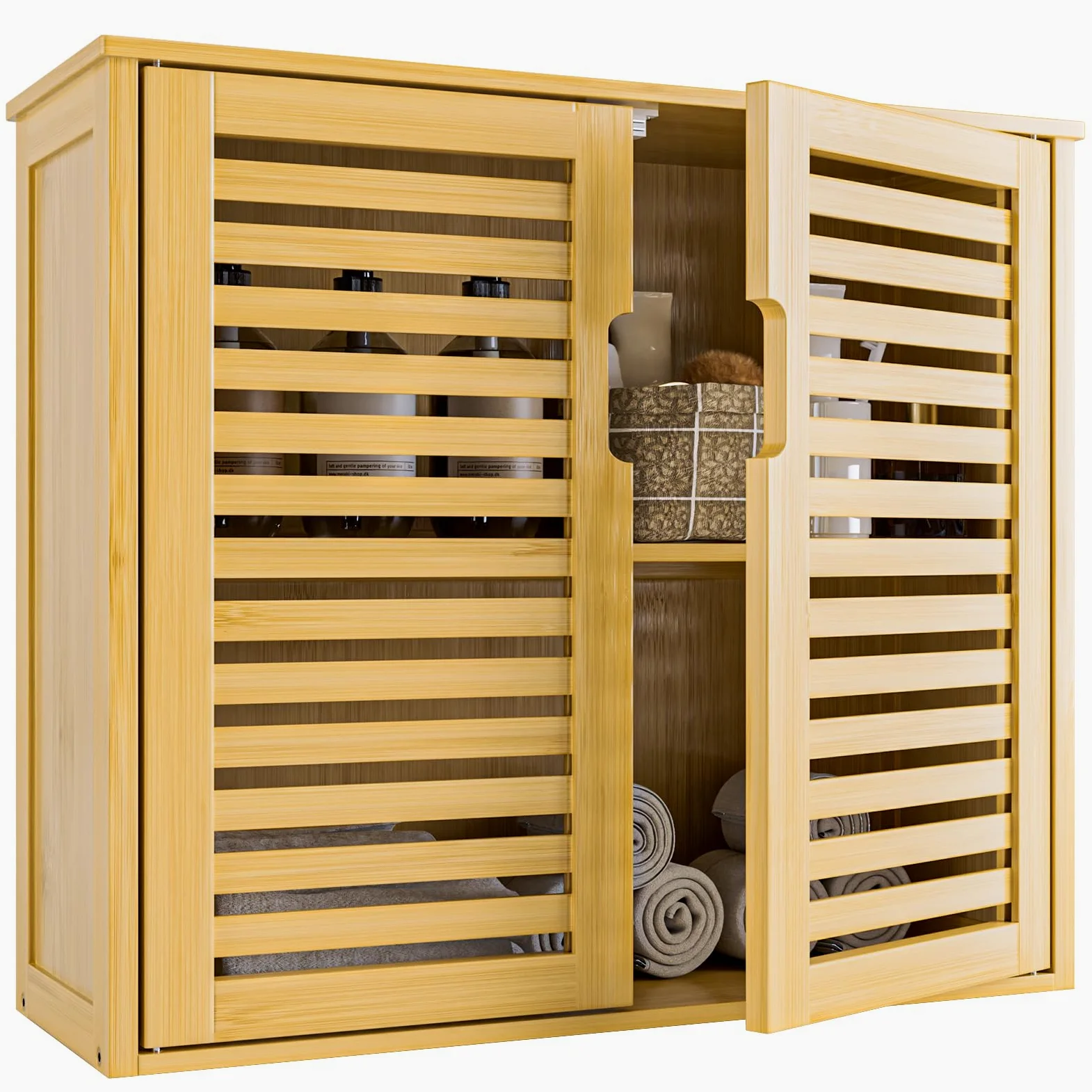HITNET Armoire Salle de Bain Murale, Armoire à Pharmacie en Bambou 2 Portes avec Étagère Réglable, Meuble de Rangement Suspendu pour Salon, Cuisine et Entrée, Naturel