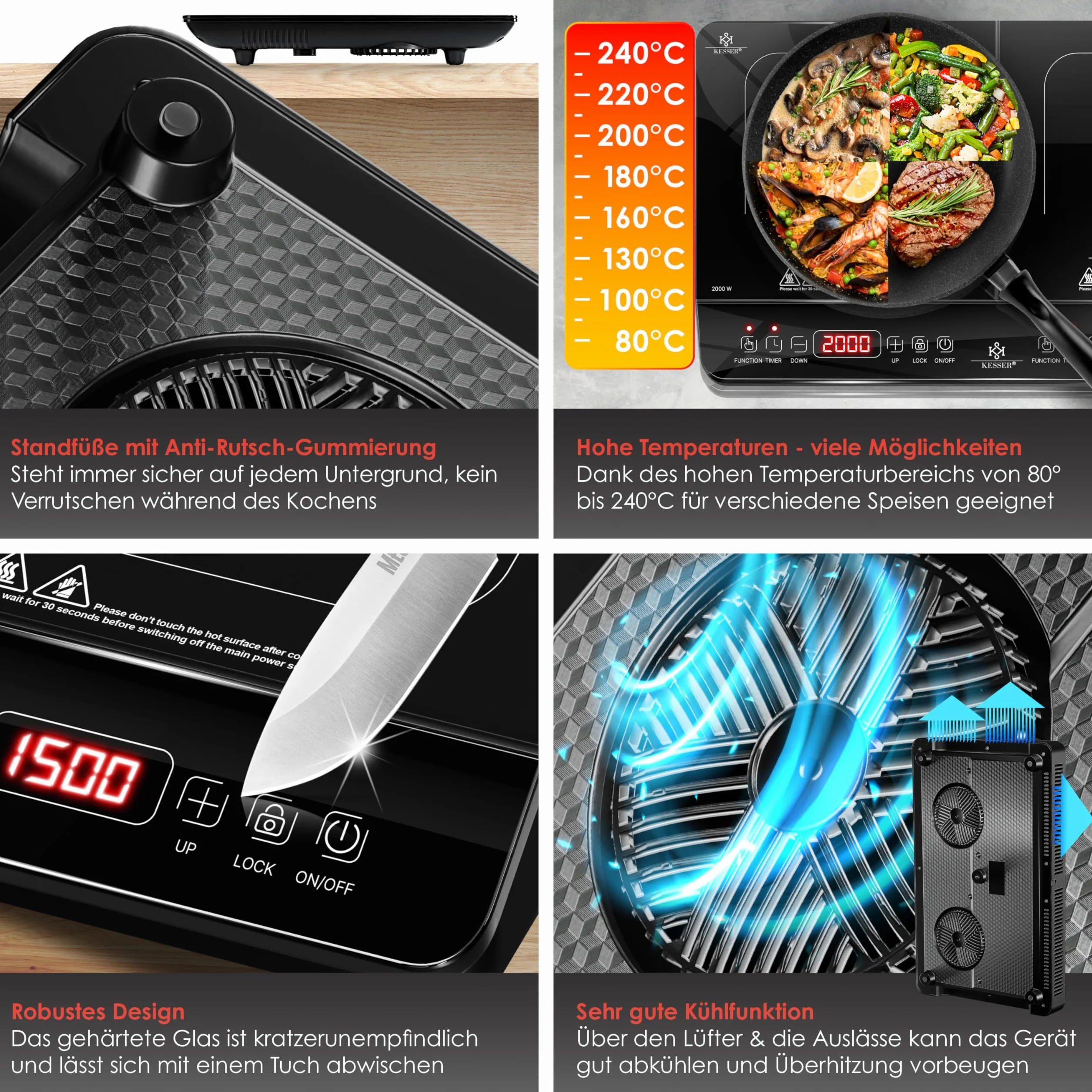 KESSER Plaque de cuisson à induction, 2 plaques, 3500 W, plaque de cuisson portable de 57 cm, 3 chiffons en microfibre + 1 livre de cuisine, 8 niveaux de chauffage, minuterie de 4 heures, contrôle