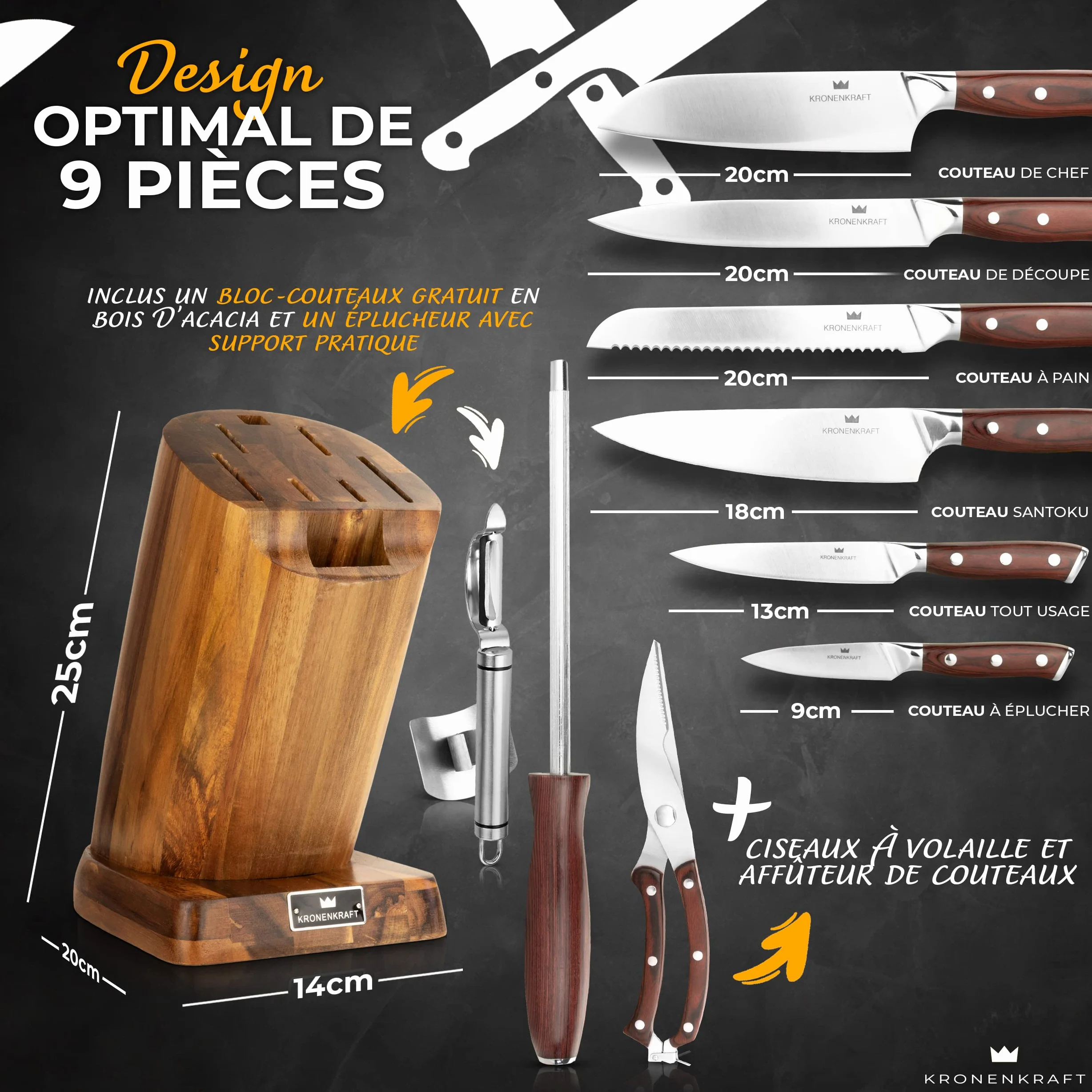 Set de Couteaux KRONENKRAFT® de 9 Pièces - Inclut Couteau de Chef, Couteau Santoku, et Plus - Fabriqué en Acier Allemand, Manche en Bois Pakka - Idéal pour Cuisine Professionnelle