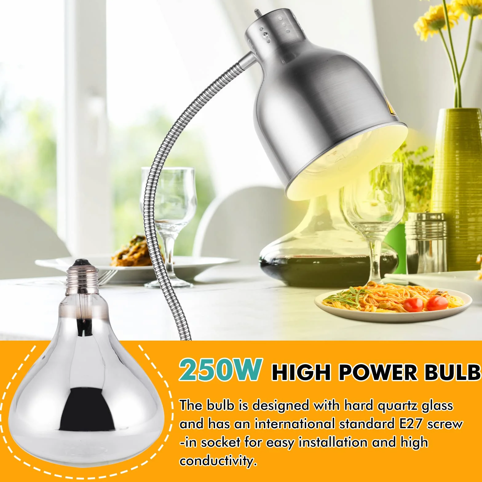 YJINGRUI Lampe chauffante pour Aliment Autonome 250W, argentée, avec Tuyau Extensible jusqu'à 70cm pour Buffet, Cuisine ou Restaurant (Ampoule Simple).