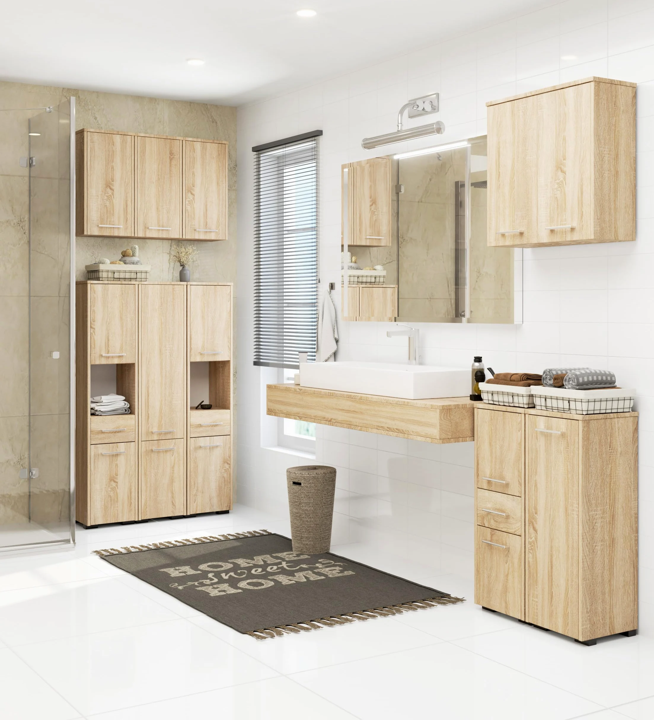 AKORD Meuble Salle de Bain Suspendu Fin 64 cm - 2 Portes, 2 Étagères 2 Compartiments Ouverts - Meuble Haut WC Meubles Suspendus - Armoire Murale Moderne 64x94x30 cm - Chêne de Sonoma
