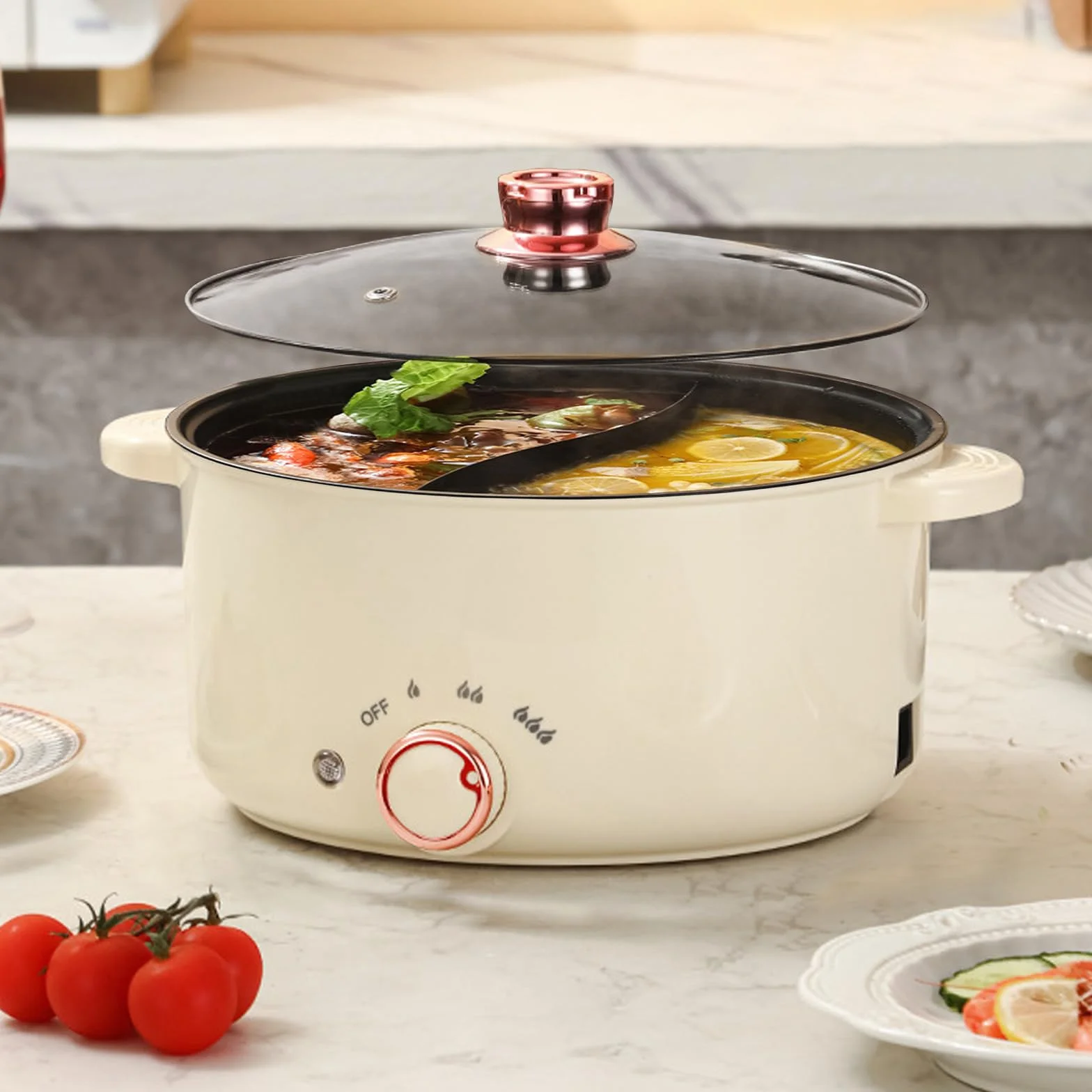 Hot Pot électrique de 3,5 L, Casserole électrique avec séparateur 1000W, Trois réglages de puissance Antiadhésif Poêle polyvalente Soupière rapide pour frire Ramen Fondue Soupe