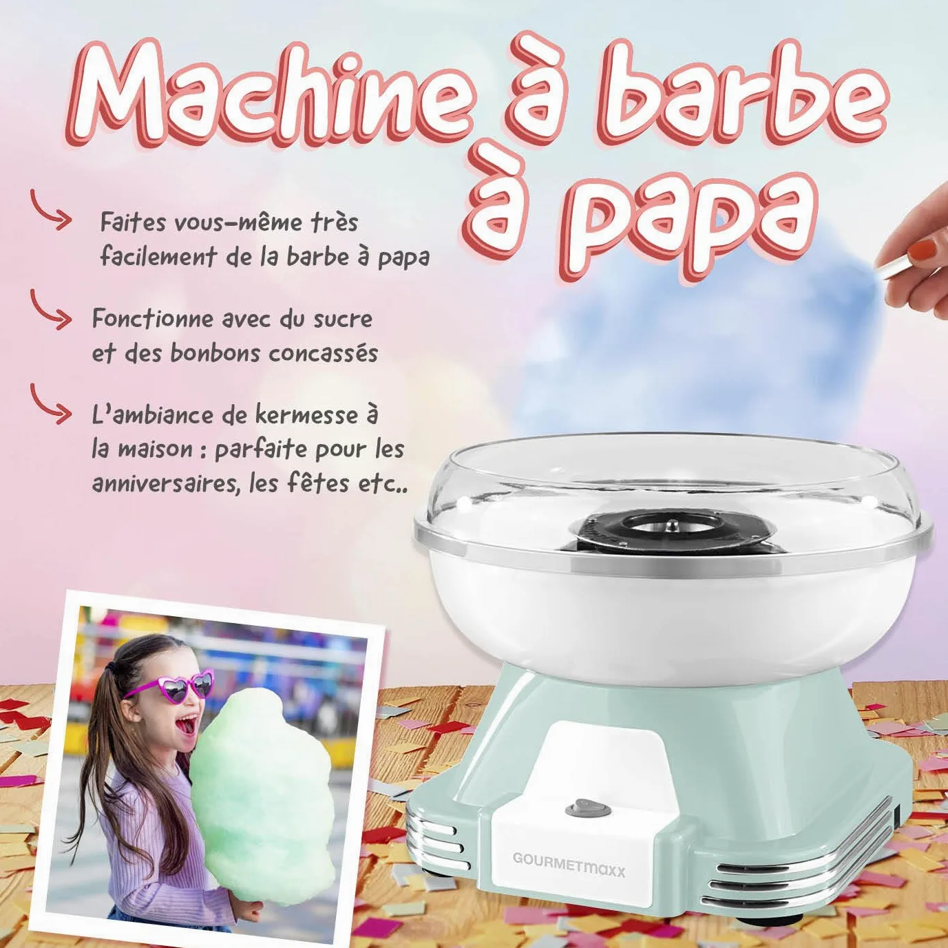 GOURMETmaxx Machine à barbe à papa pour la maison | L'original avec 10 bâtonnets & cuillère doseuse au design rétro nostalgique | Barbe a papa pour les fêtes d'enfants, les anniversaires [Menthe]