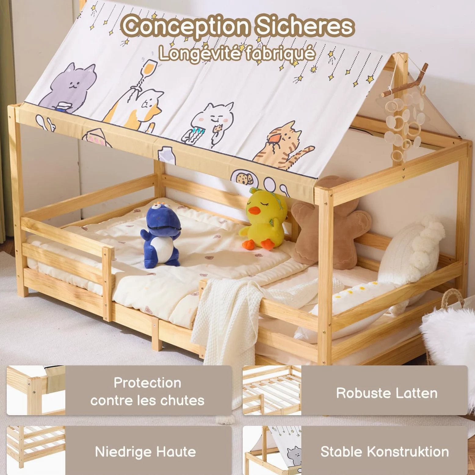 LEADZM Lit cabane Enfant 90x190 cm avec baldaquin en Tissu, sommier à Lattes, barrières de sécurité Enfant Bois en pin Forme de Maison Lit au Sol Montessori (Naturel)