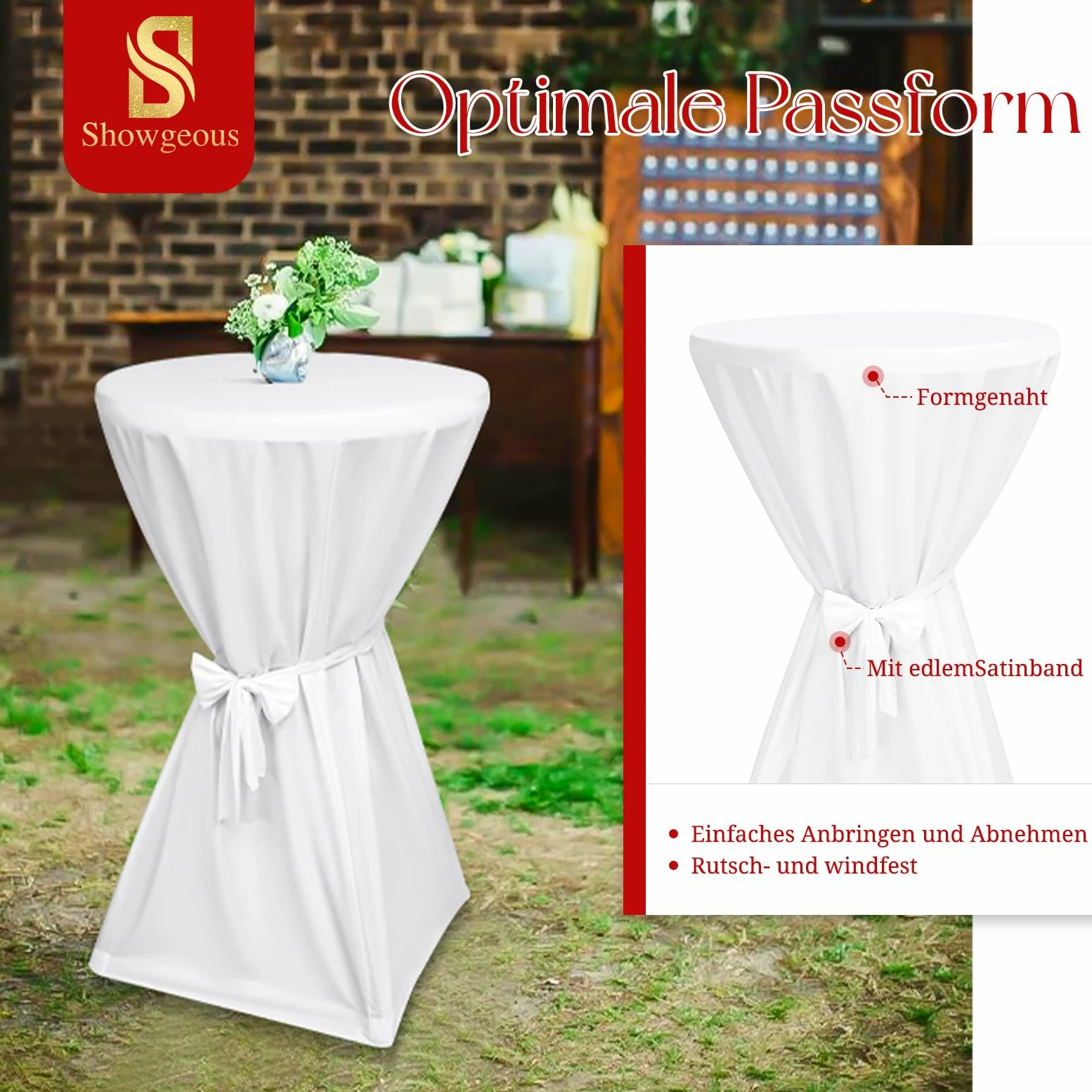 Showgeous Lot de 6 Housses de Table de Bar Premium 60 cm Blanches Housses de Table pour Tables de Bar 60 cm Housse de Table de Bar, Nappe de Table de Bar Antidérapante et Lavable Ruban