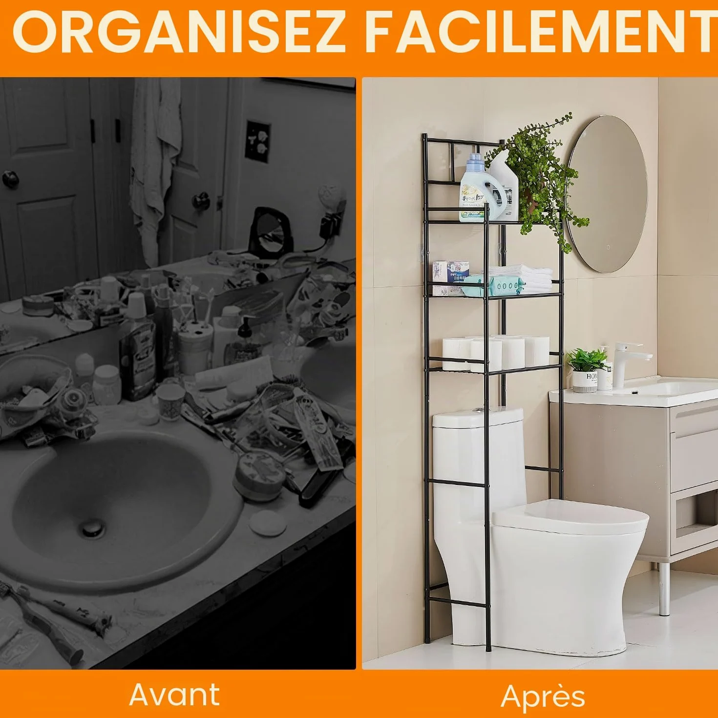 Meuble WC, Meuble Salle de Bain Rangement à 3 Niveaux, Étagère WC Autoportante en Métal, Rangement au-Dessus des Toilettes ou Lave-Linge Peu Gain de Place, Montage Facile Etagere, Noir