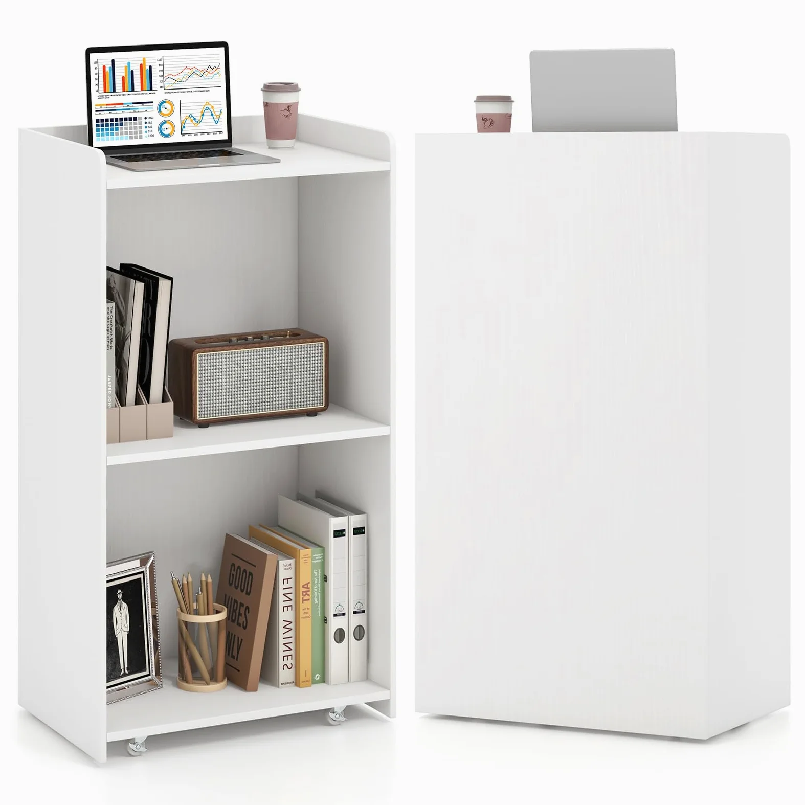 COSTWAY Podium Debout en Bois Roulant, Pupitre avec 2 Étagères, Podium Portable avec roulettes, Comptoir d'accueil, Roues Verrouillables, pour Église, Bureau, École, Conférence (Blanc)