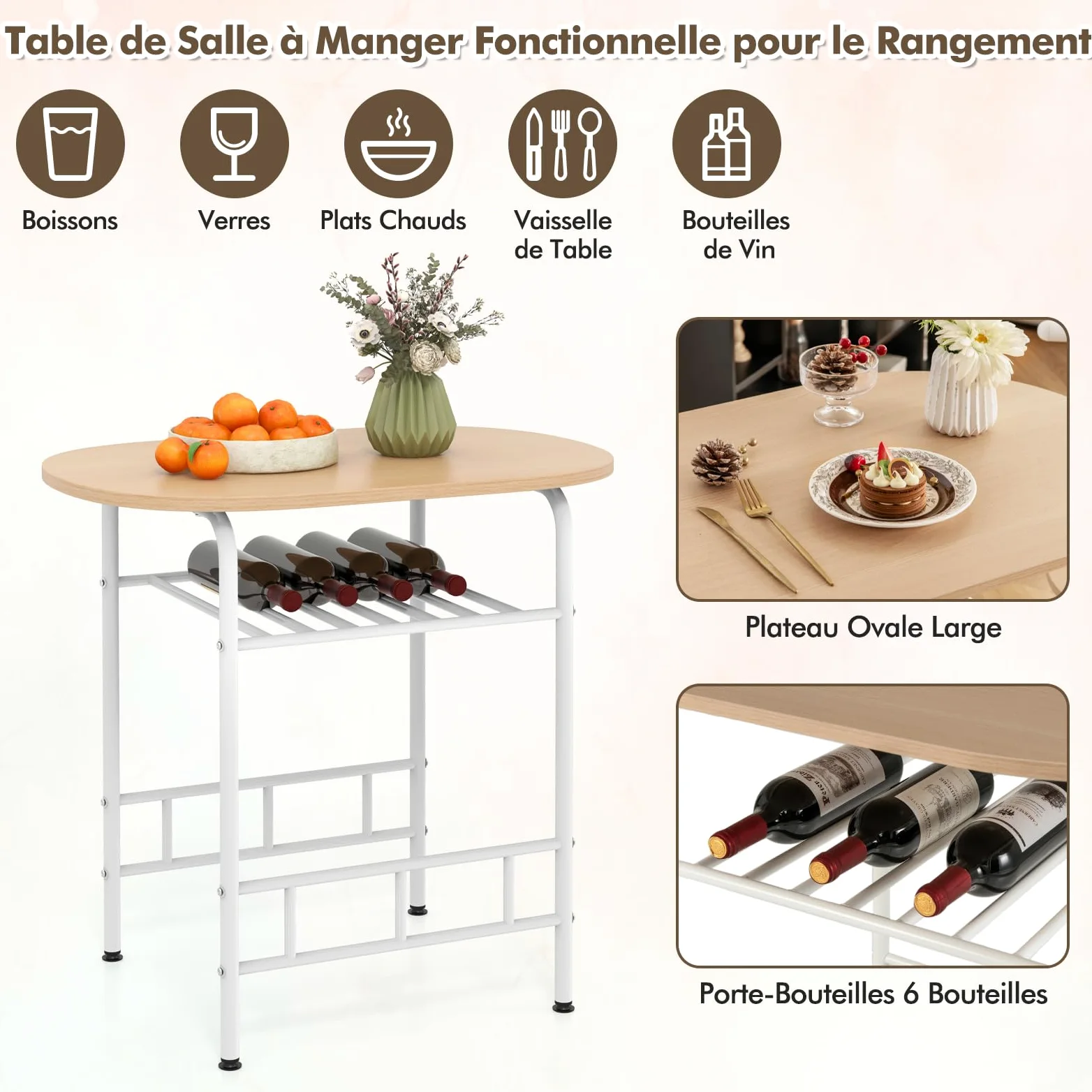 COSTWAY Table de Cuisine avec Chaise pour 2 Personnes, Table Cuisine Petit Espace avec Porte-Bouteilles, Table à Manger Ronde Cadre en Métal pour Bistro, Jardin, Balcon (Naturel)