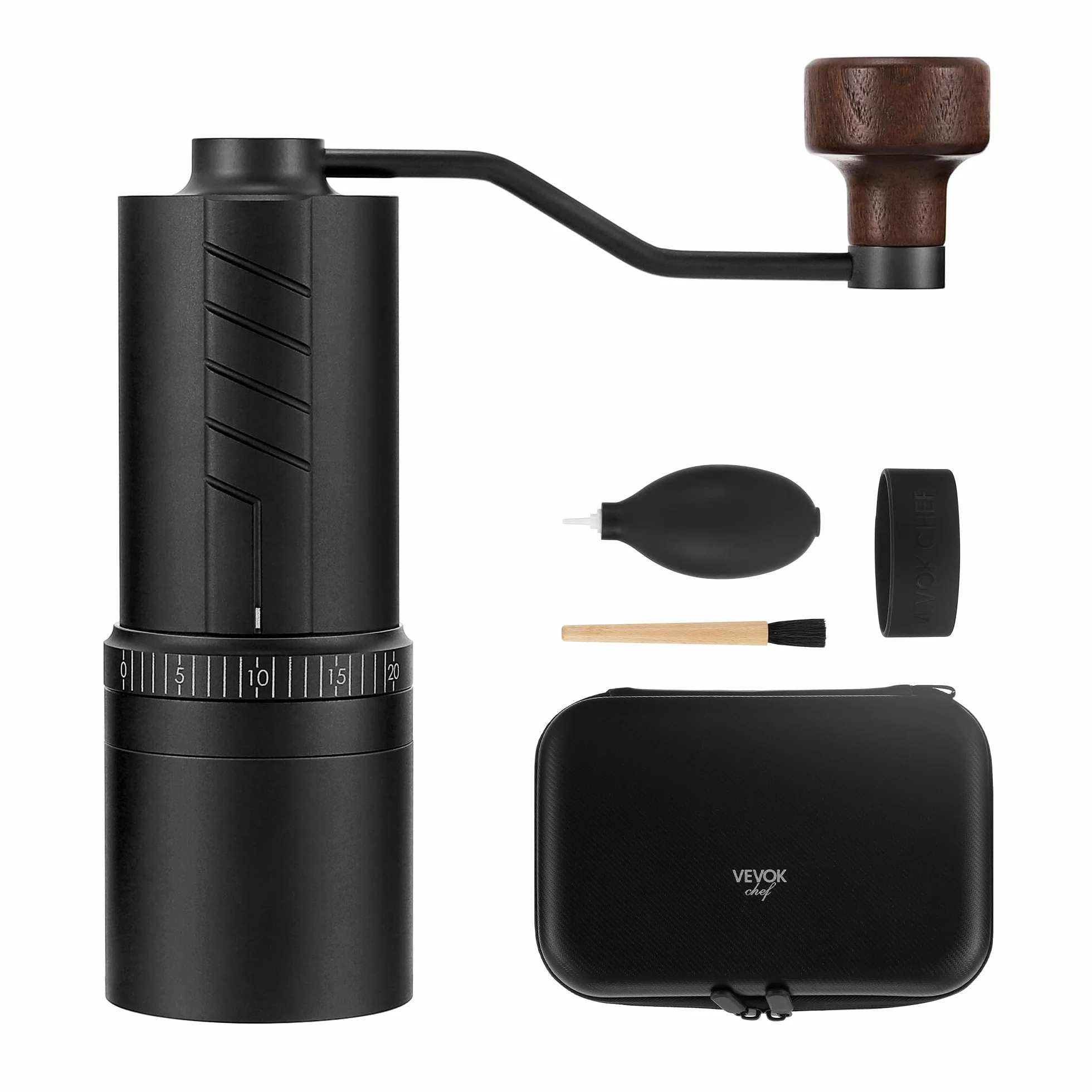 Vevok Chef Moulin à café manuel O20 – 20 niveaux de réglage externe, capacité de 35 g avec étui de voyage et équipement de nettoyage, broyage constant en acier inoxydable tii-plaqué moulin à café