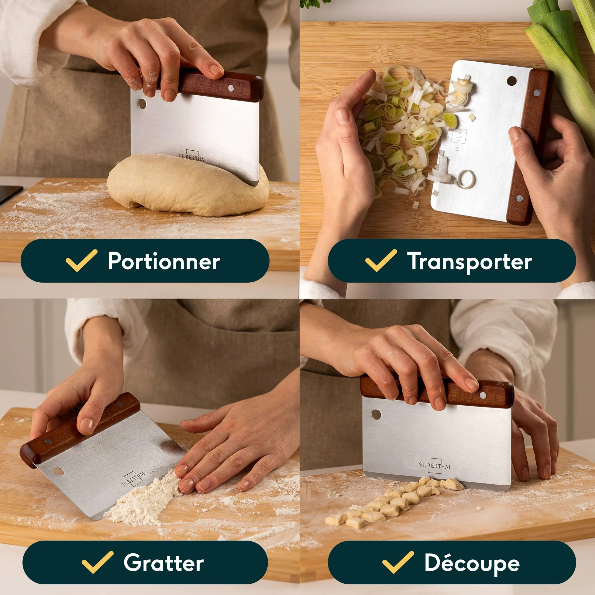 SILBERTHAL Set pierre à pizza 4 pièces – Pelle à pizza en acier inoxydable avec pierre à pizza, roulette à pizza 32 cm & planche de service