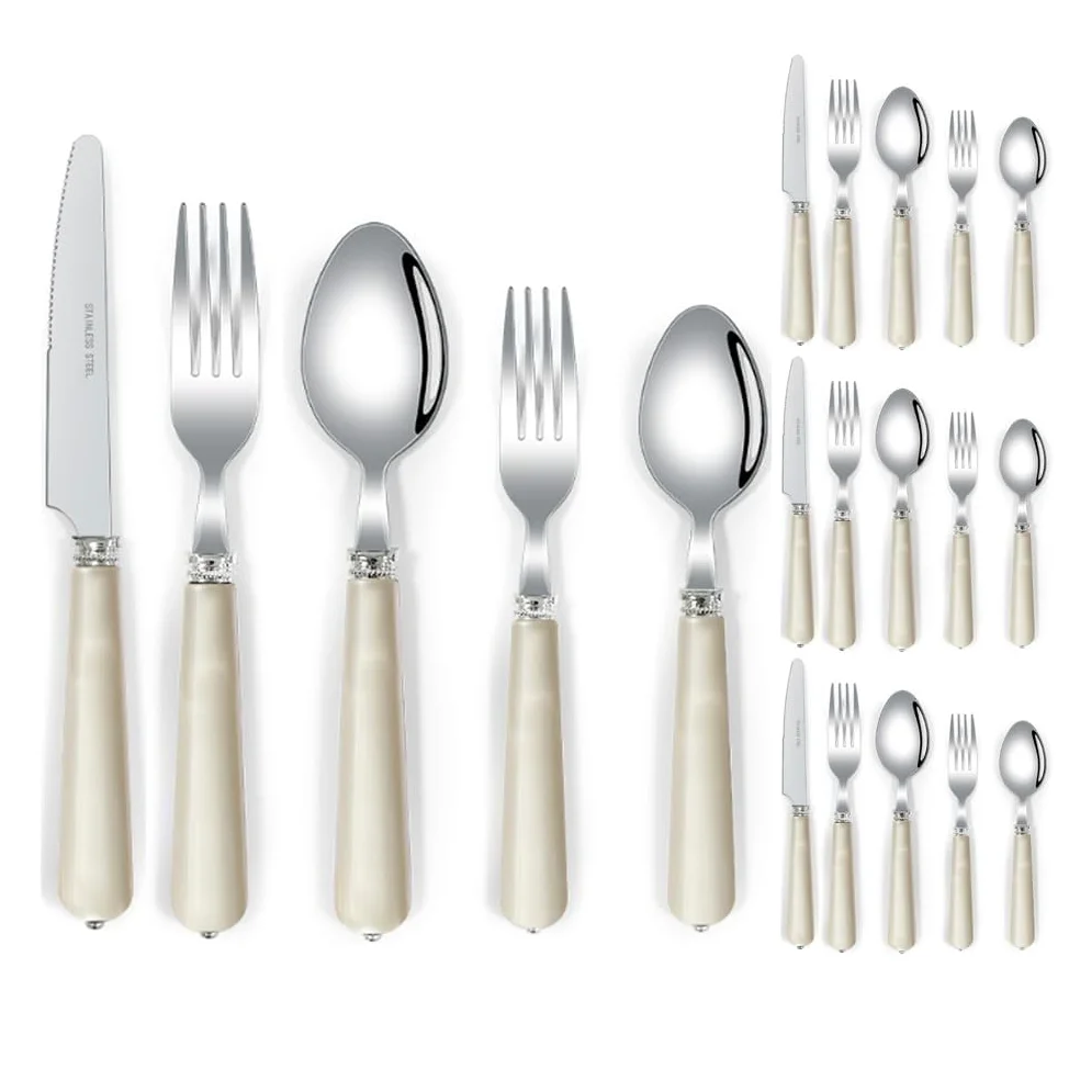 ABS Perle Poignée Cuisine Acier Inoxydable Argenterie Vaisselle Couverts Ensemble De Couverts Couteau À Steak Fourchette Cuillère Cuillère À Café Ustensiles (Beige,20 pièces)