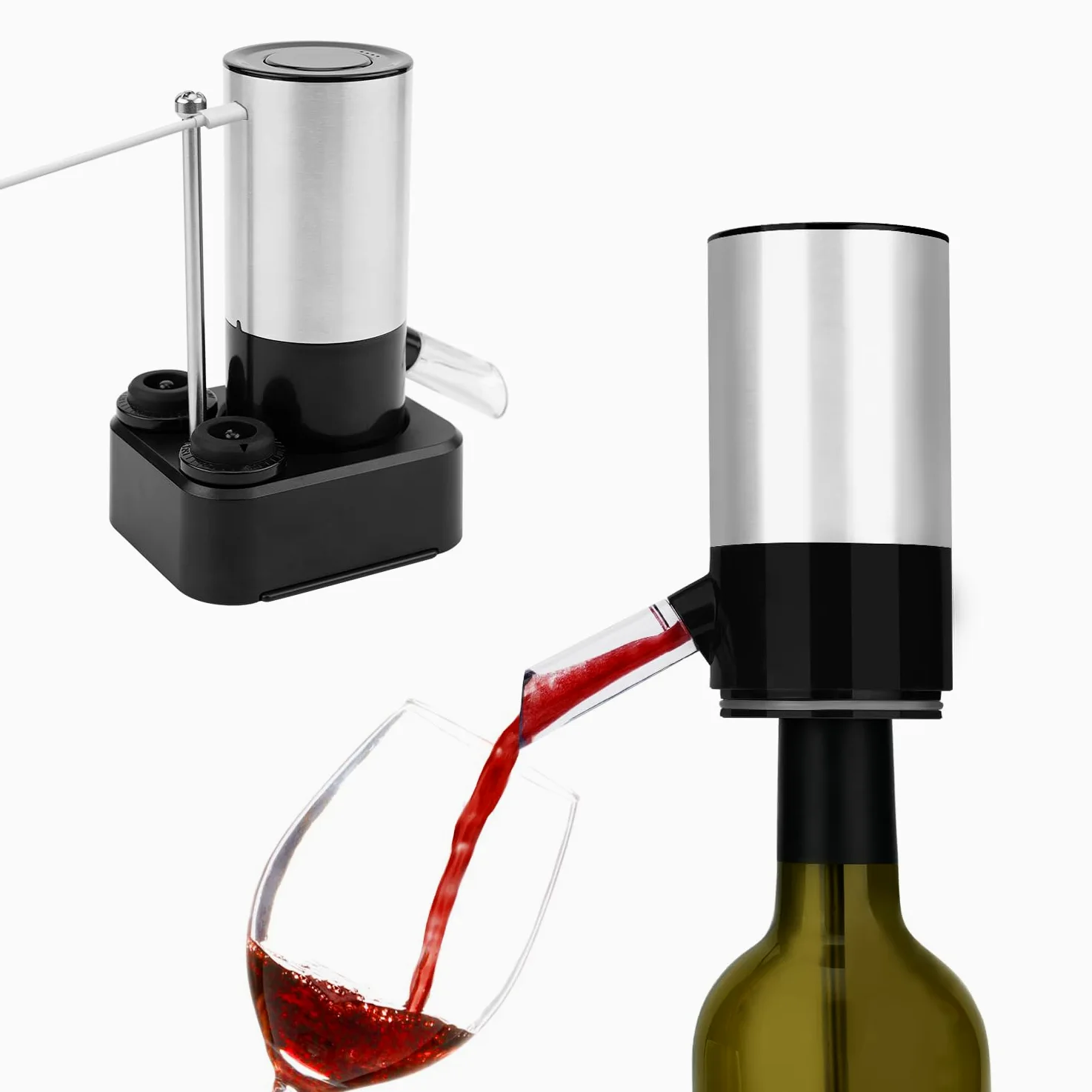 KITCHENDAO Aérateur de vin électrique rechargeable et pompe à vin, bec verseur automatique avec câble USB-C, base de rangement et 2 bouchons, indicateur sonore intégré