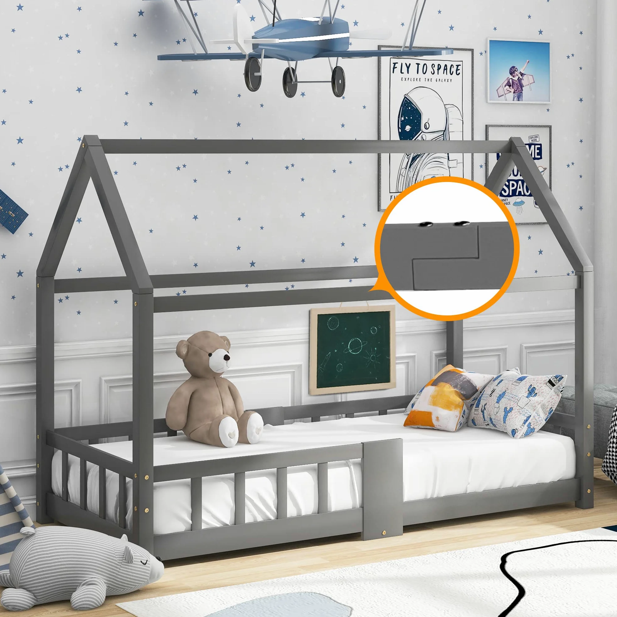 Lit Cabane Enfants 90x200, Lit Maison en Bois Massif avec Barrière Anti-Chute pour Chambre Enfant, Sommier Intégré, Gris,sans Matelas