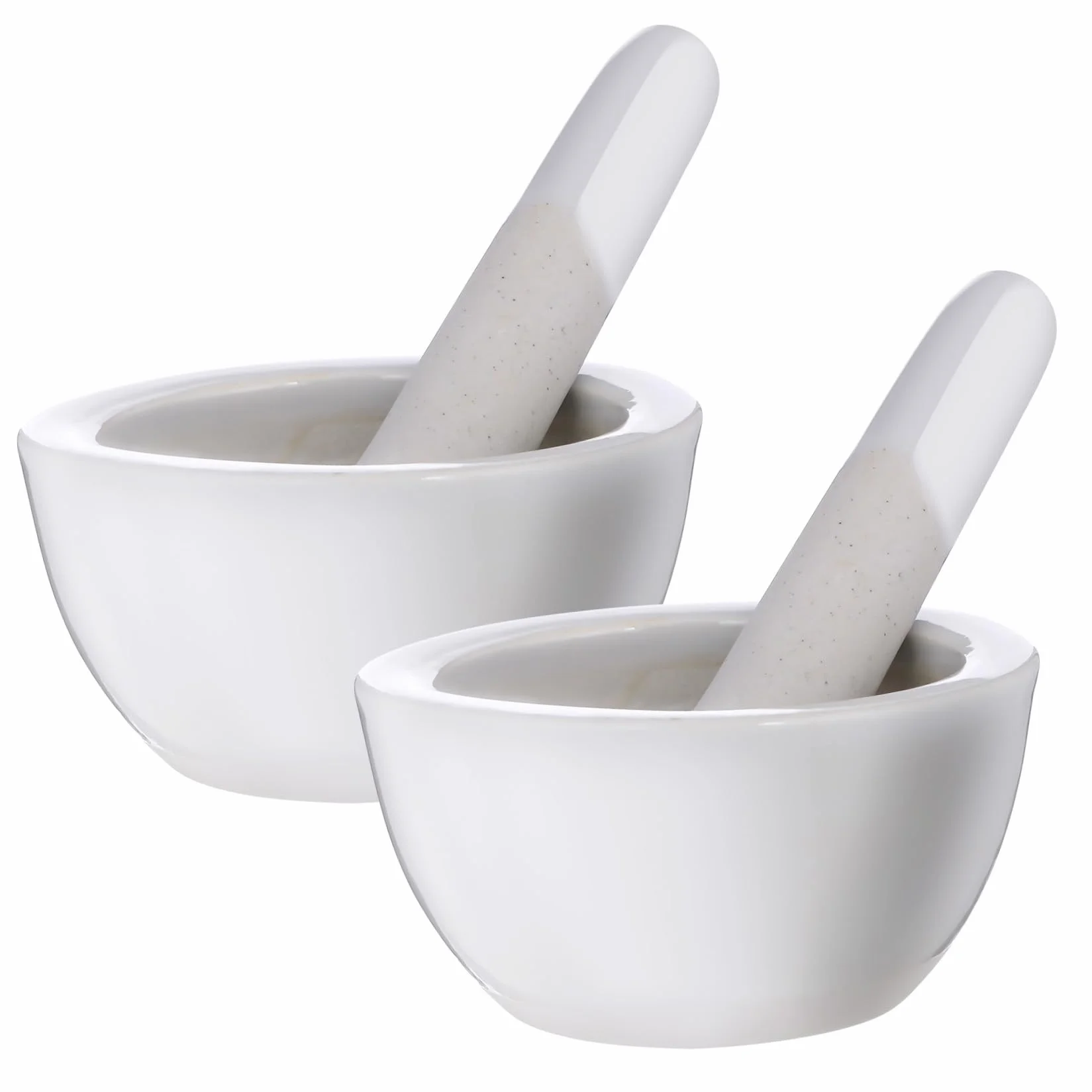 Mortier et Pilon en Porcelaine Blanc, Kit Fait Main pour Broyage, Forme Ronde 2 Sets, Cuisine et Épices