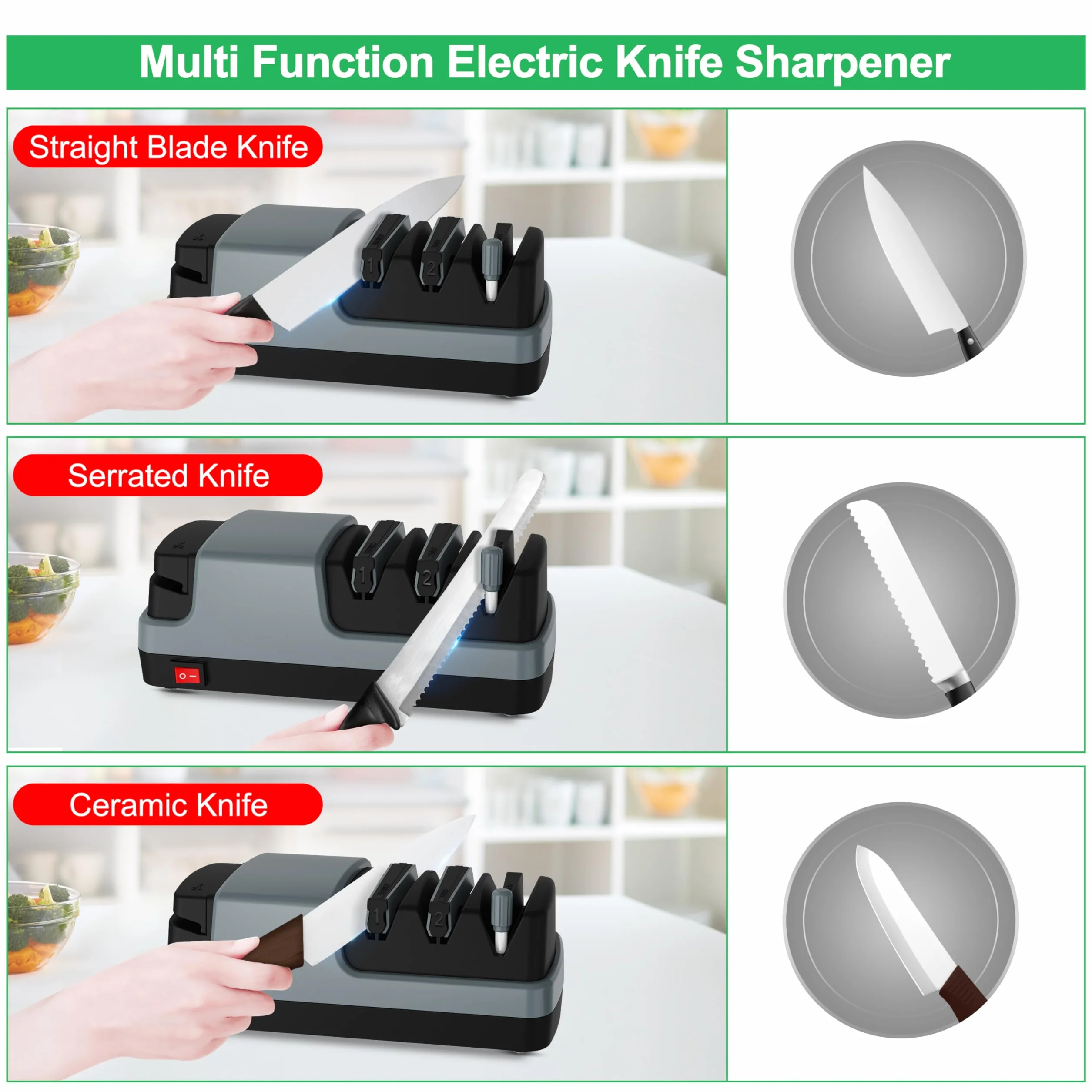 4 en 1 Aiguiseur couteaux électrique pour les couteaux à lame droite, dentelés, les couteaux en céramique et les ciseaux, Gris