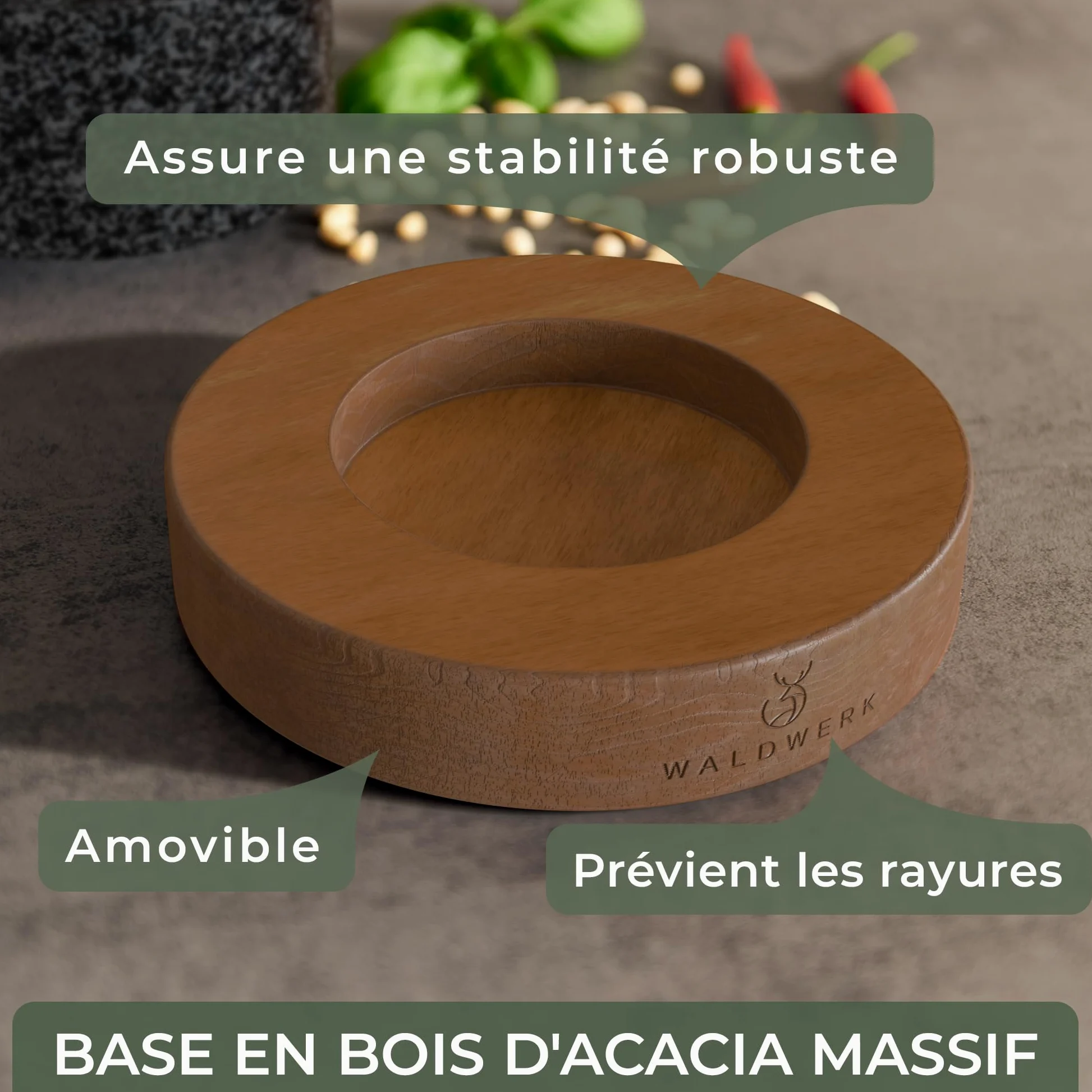 WALDWERK Mortier avec Pilon pour Cuisine (diamètre de 12 cm) - Mortier avec Base en Bois d’Acacia Élégante et Solide - Pilon du Mortier Extra Long en Granit Naturel