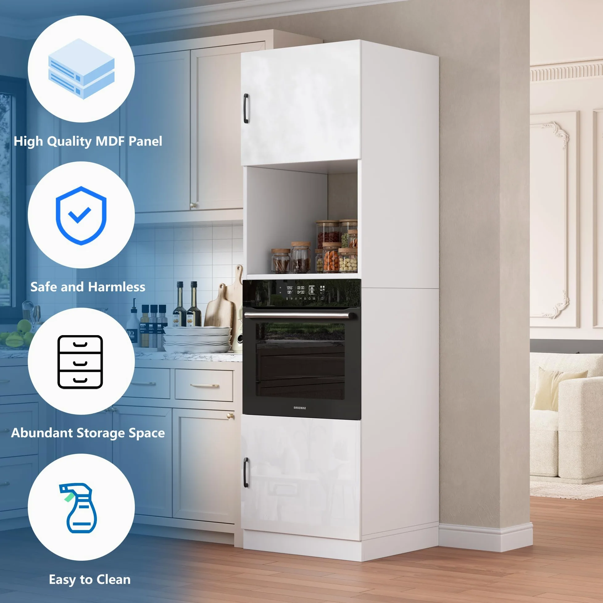 MSFE Colonne four et Micro Onde Encastrable,Armoire Micro-ondes 60x57.2x207cm,Armoire de Cuisine avec Étagère,Meuble de Rangement Salle à Manger Maison Intérieur,Blanc Très Brillant,Expédié en 2 Colis