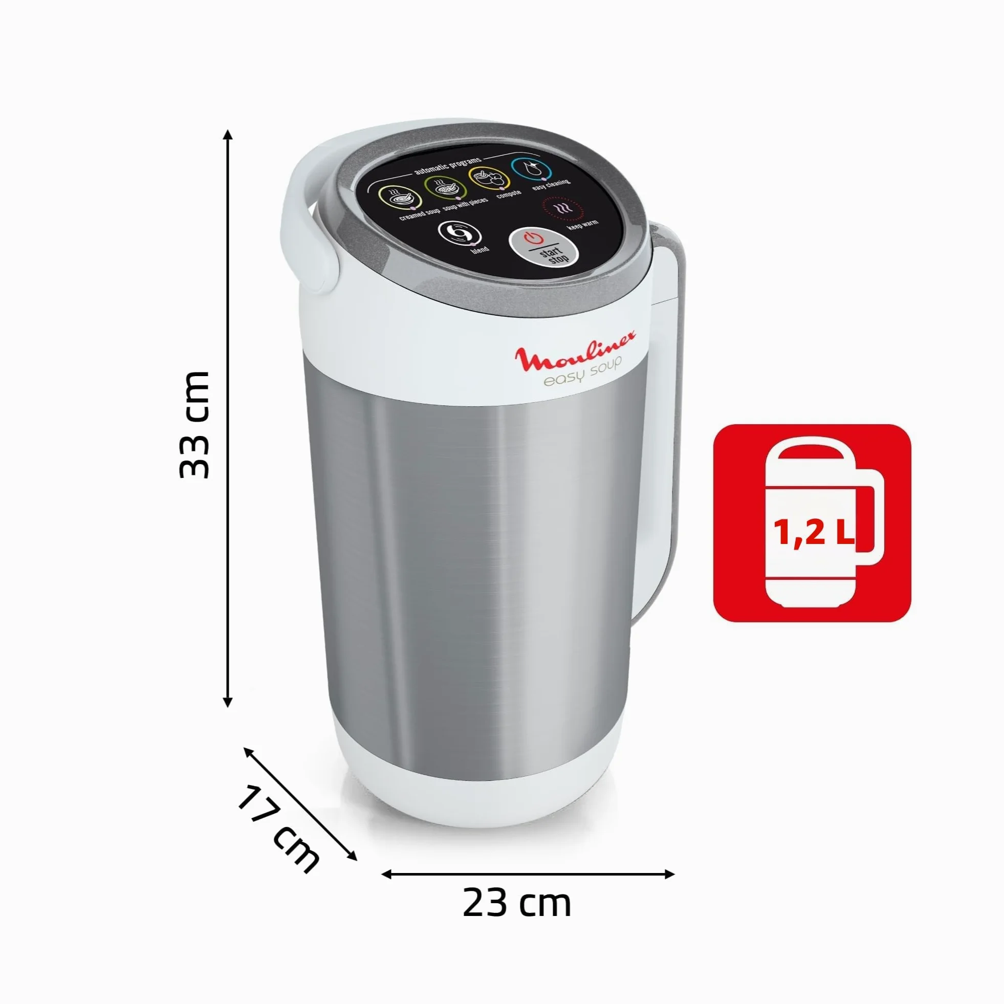 Moulinex Blender chauffant, 1000 W, Capacité 1.2 L, 5 programmes automatiques, Double paroi, Soupe, Velouté, Compote, Smoothie, Maintien au Chaud, Easy Soup silver LM841110