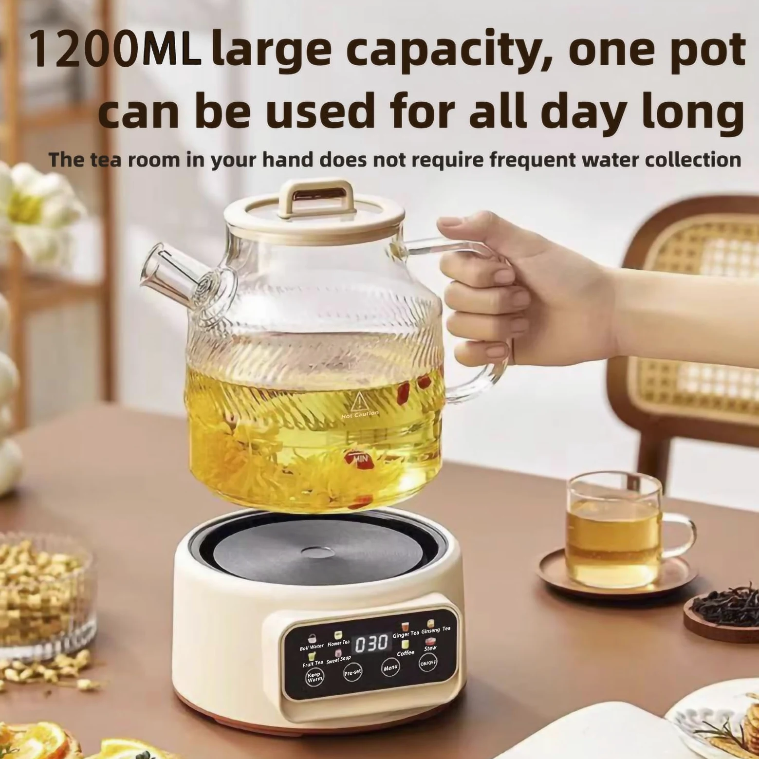 Théière Électrique Multifonction 1200ml, 8 Modes de Préparation, Base Chauffante avec Écran Digital, Carafe en Verre, Blanc