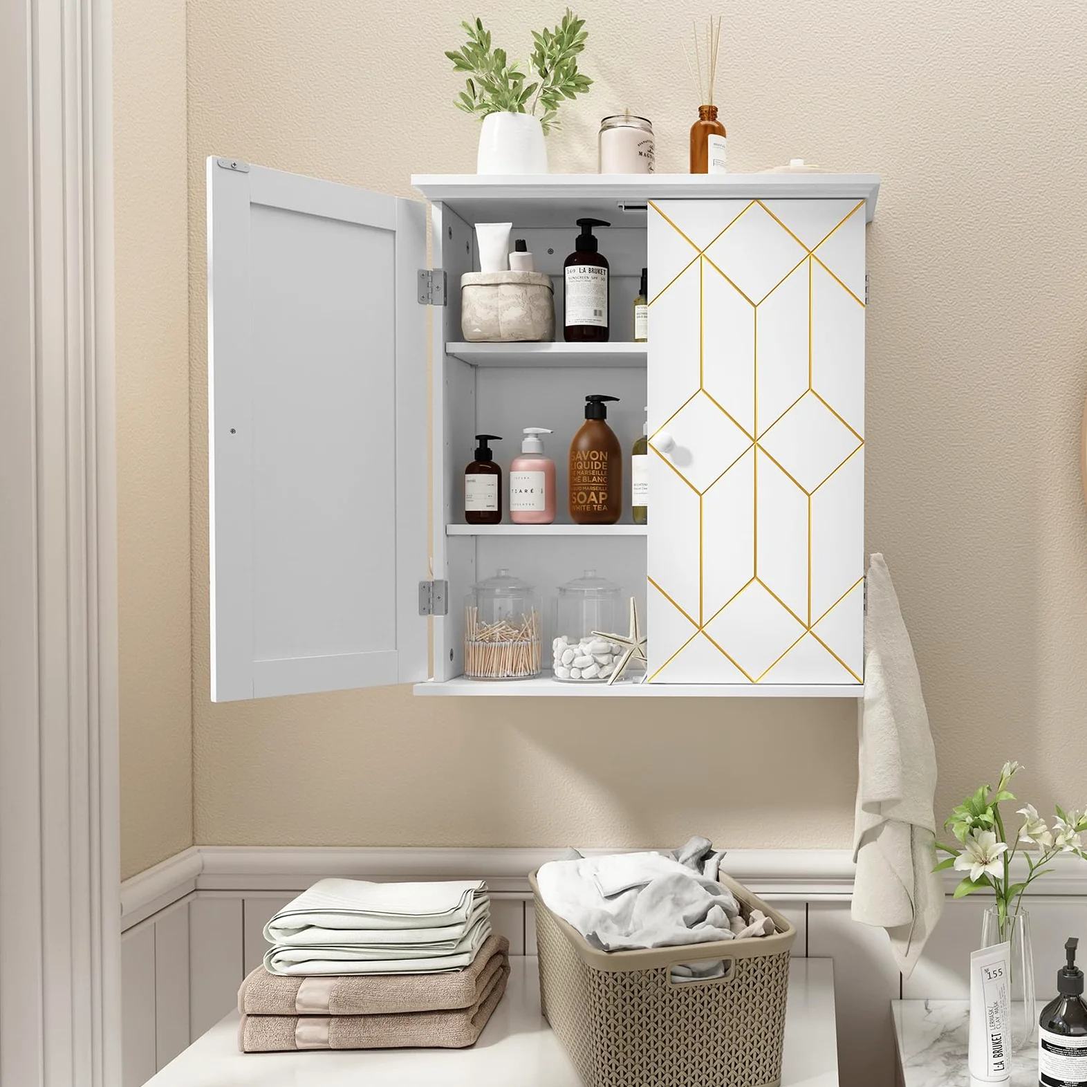 HOLTICO Armoire à pharmacie suspendue - Armoire murale de salle de bain - Armoire murale avec étagère réglable - Blanc - Armoire autonome pour cuisine, salle de bain, chambre à coucher