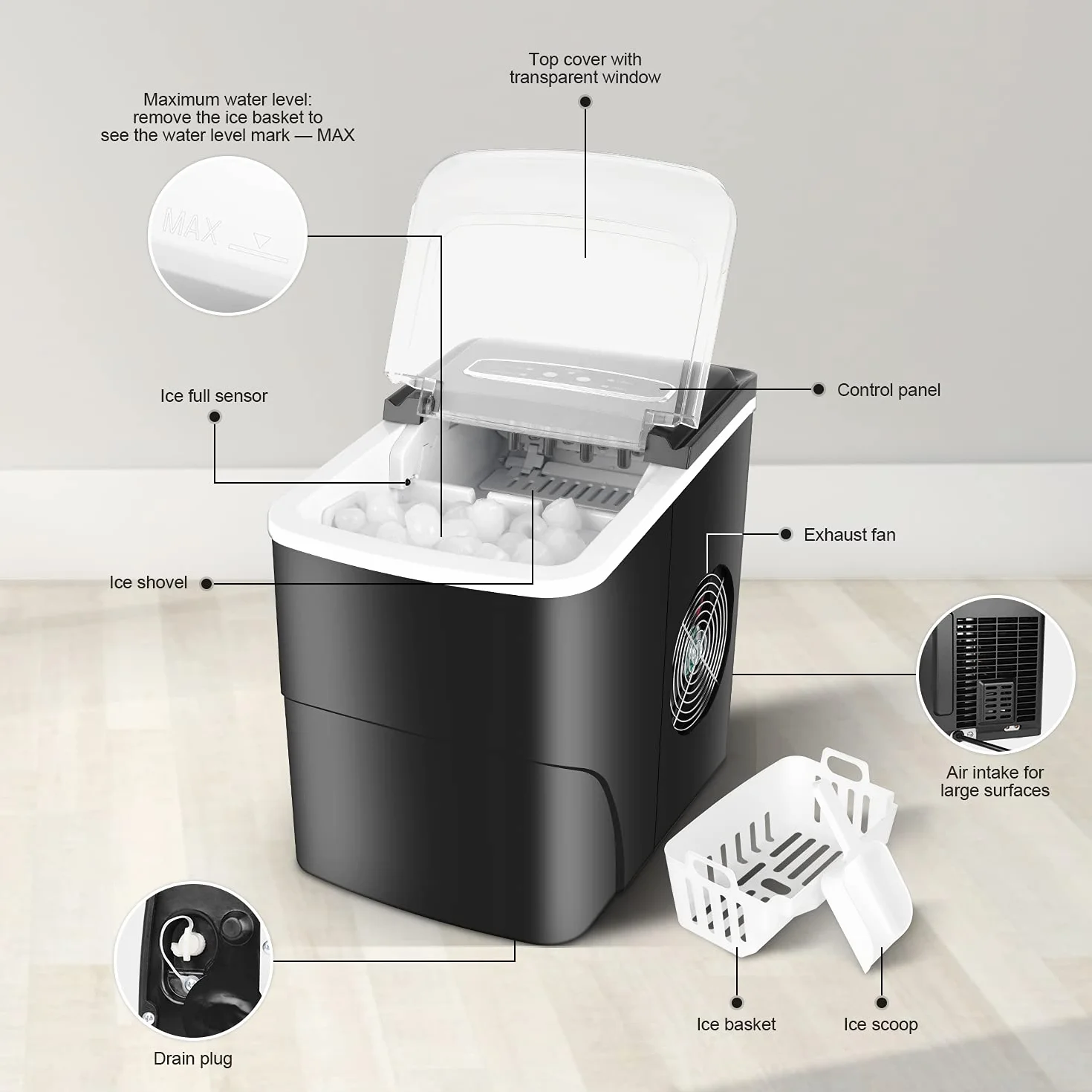 Machine à Glaçons, 12kg en 24h, 9 Glaçons en 6-8 Minutes, Automatique Compact Portable Machine à Glacons, pour la Maison/Cuisine/Bar