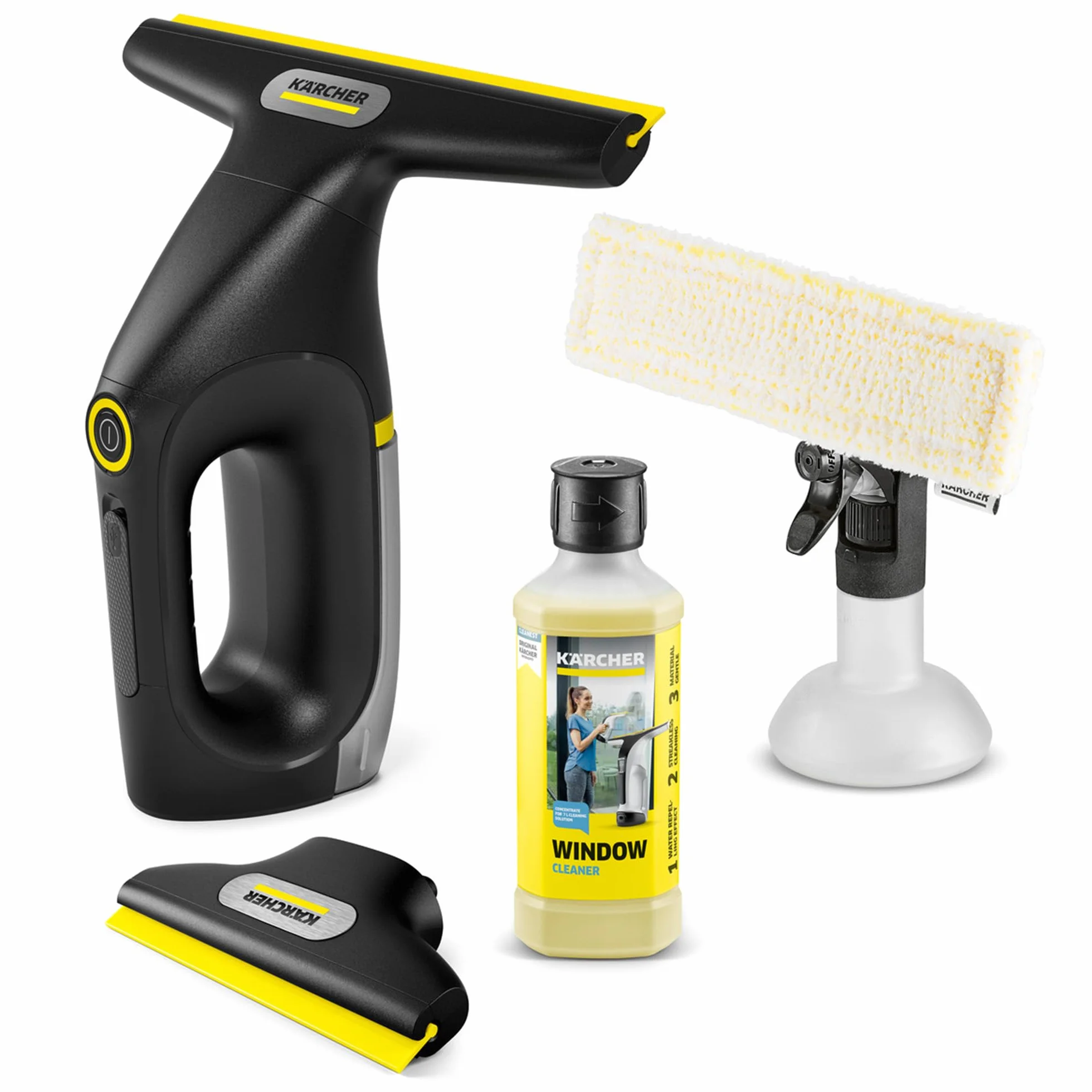 Kärcher nettoyeur de vitres sans fil WV 2 Universal Precision+ Black, autonomie : 35 min, réservoir : 120 ml, 2 raclettes, pulvérisateur avec bonnette en microfibres, nettoyant vitres 20 ml
