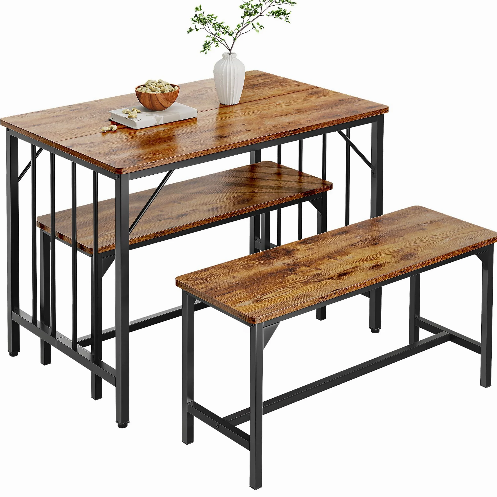 YITAHOME Ensemble Table de Salle à Manger et 2 chaises, Ensemble de Salle à Manger 3 pièces avec Banc, Peu encombrant, Table à Manger pour Cuisine, Appartement, Marron Rustique